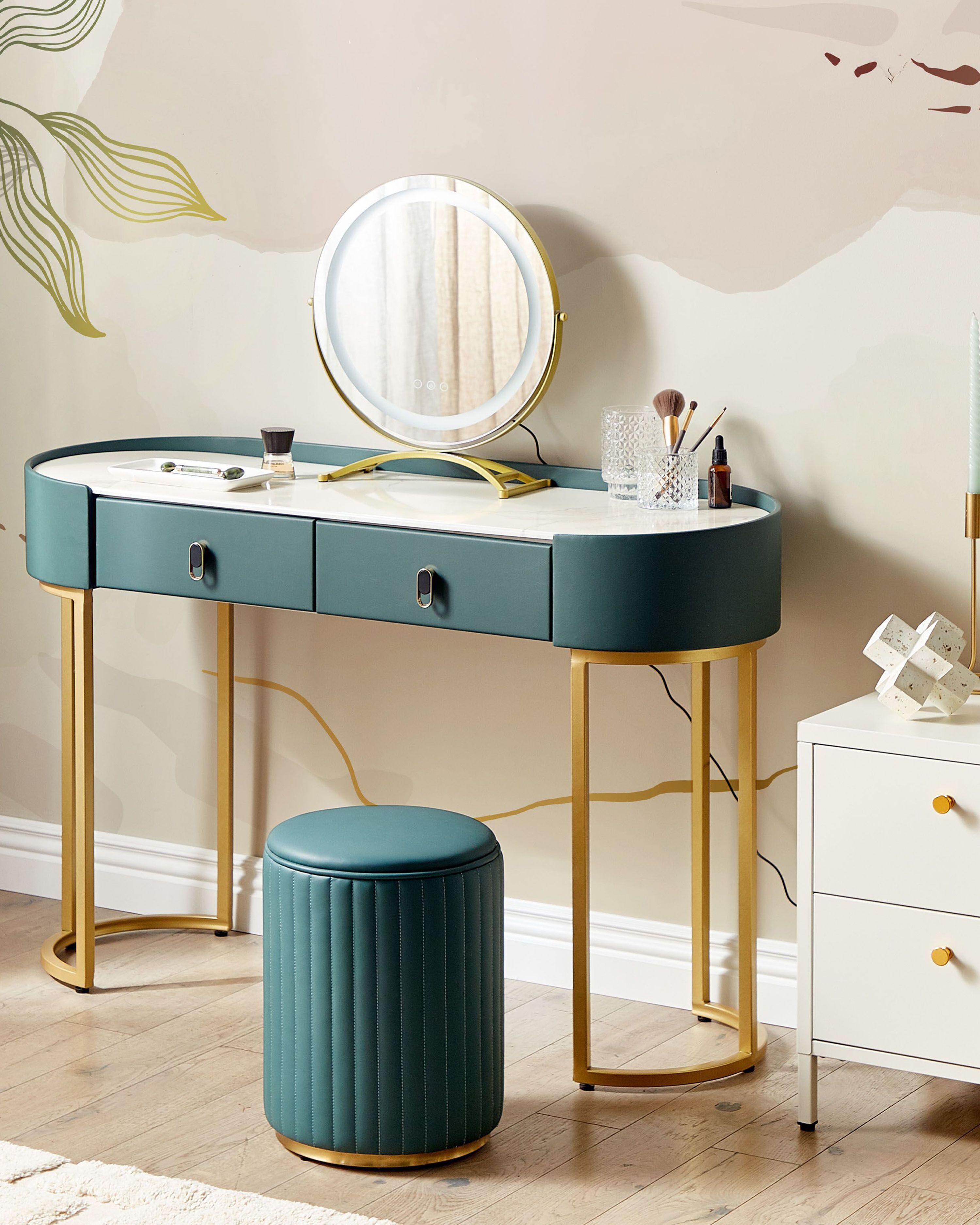 Dressing Table with Mirror and Stool VINAX LED Dark Green