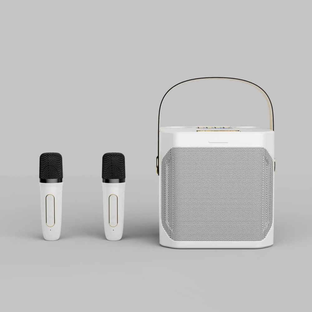 Draagbaar Karaoke Luidsprekersysteem met 360° Geluid en Twee Draadloze Microfoons – Ideaal voor Binnen- en Buitenevenementen