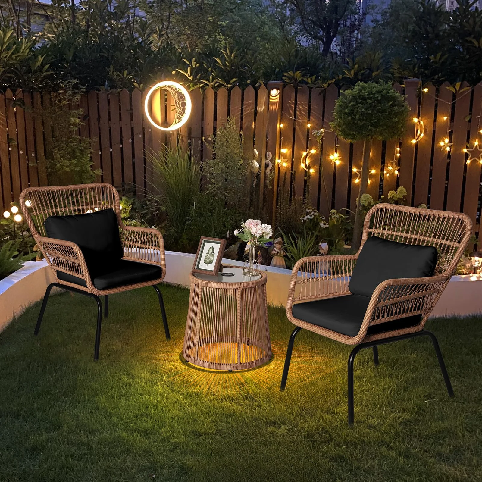Tappio 3-Piece Patio Conversation Bistro Set Rattan Furniture, Outdoor Patio Set w/Glass Top Table & Cushions for Garden Balcony Backyard Poolside, Yellow/Beige - Image 35