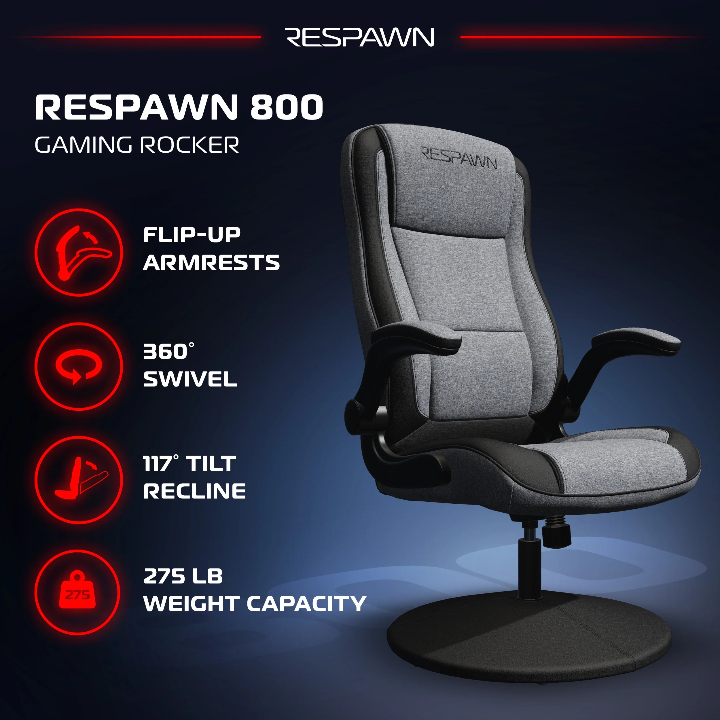 RESPAWN 800 Swivel Rocker Gaming Chair - Ergonomic Floor Gaming Seat with Lumbar Support, Flip Up Armrest, High Back, Pedestal Base, Comfortable No Wheels Console Video Game Rocker Chair - Red - Image 40