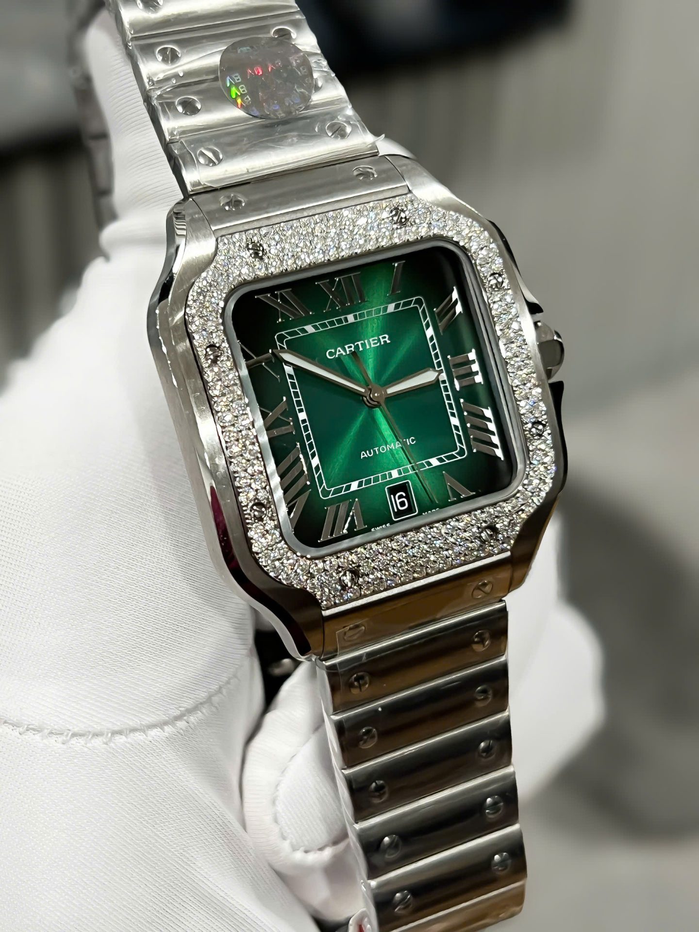 Cartier Santos Replica Watch Custom Moissanite Diamonds Dial Green BV Factory 39.8mm - Top club