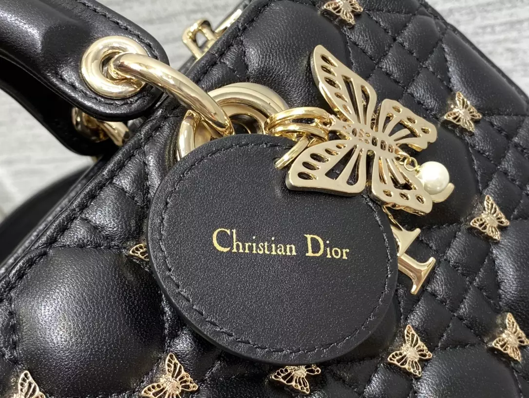 Medium Lady D-Joy Bag Black Cannage Lambskin with Gold-Finish Butterfly Studs1:1High-quality replica