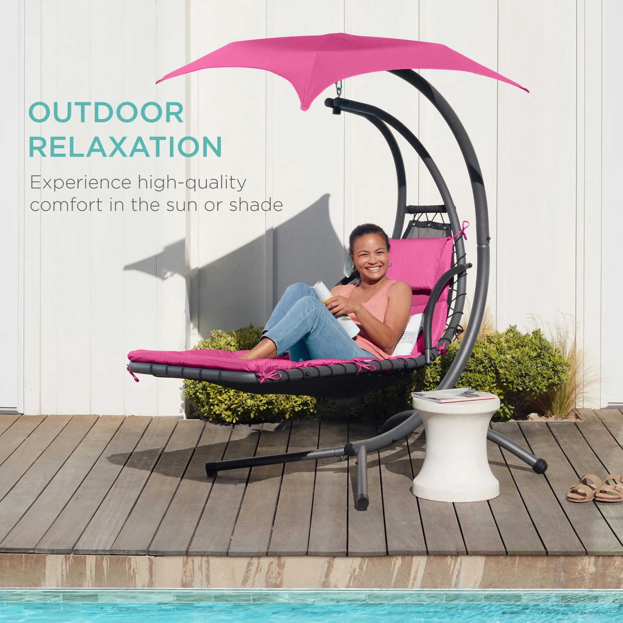 Best Choice Products Hanging Curved Chaise Lounge Chair Swing for Backyard, Patio w/ Pillow, Shade, Stand - Teal - Image 133