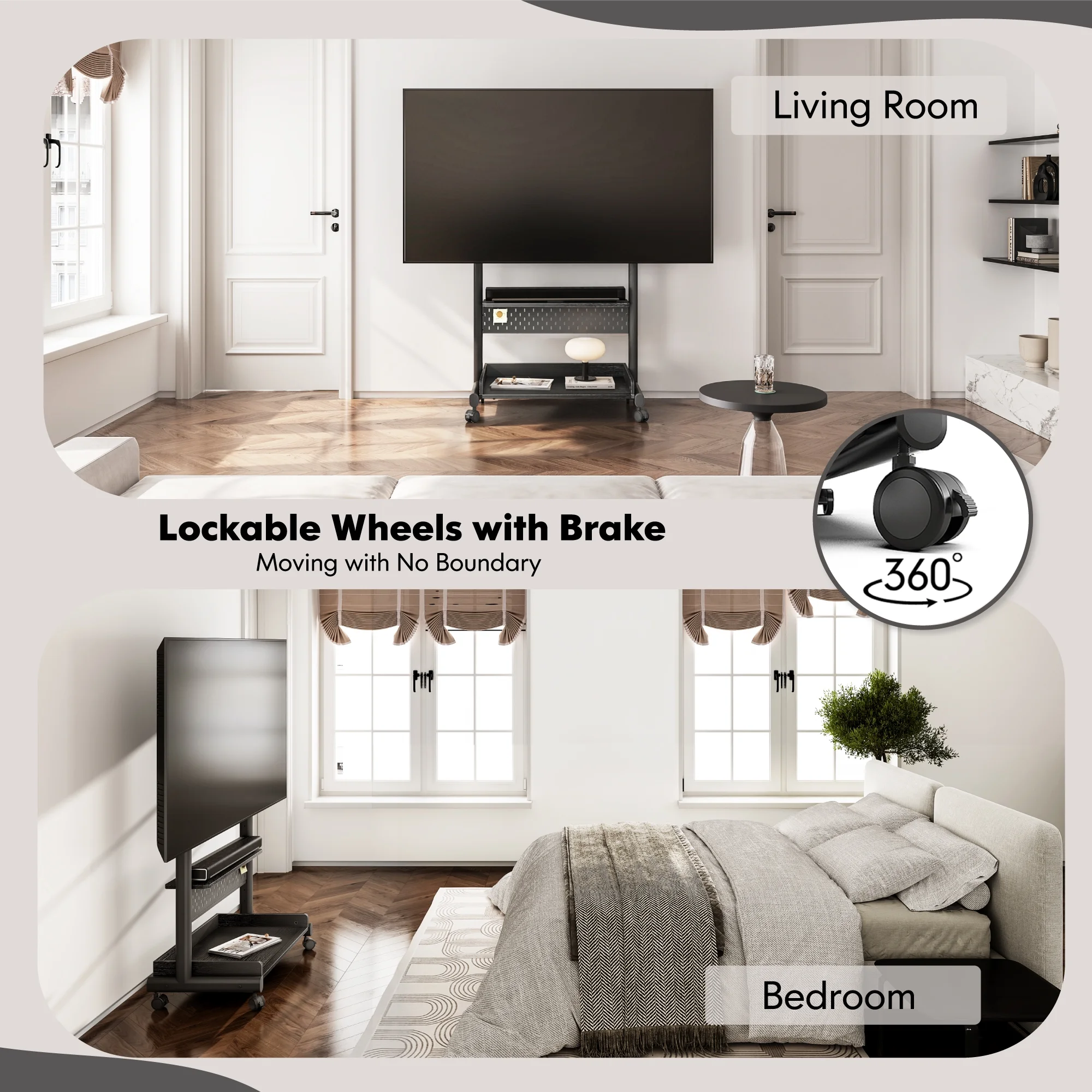 FITUEYES Rolling TV Stand with Wheels for 40-85 inch TVs, Height Adjustable Mobile TV Stand TV cart with Wooden Large Storage,White - Image 14