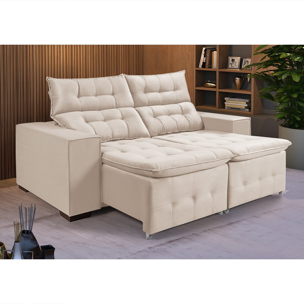 Sofá Retratil Reclinável 3 Lugares Pillow em Veludo Tamanho 1,90 Marfim