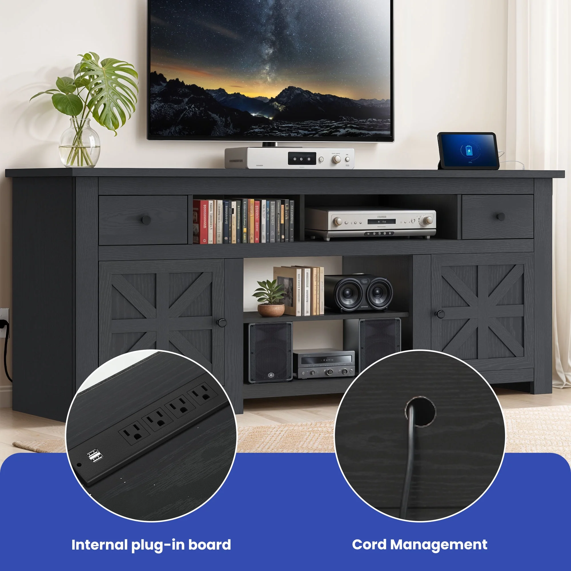 Uforic Farmhouse TV Stand for 75/80 Inch TV, Rustic Entertainment Center with Power Outlet, Storage Drawers, TV Console for Living Room, Oak - Image 26