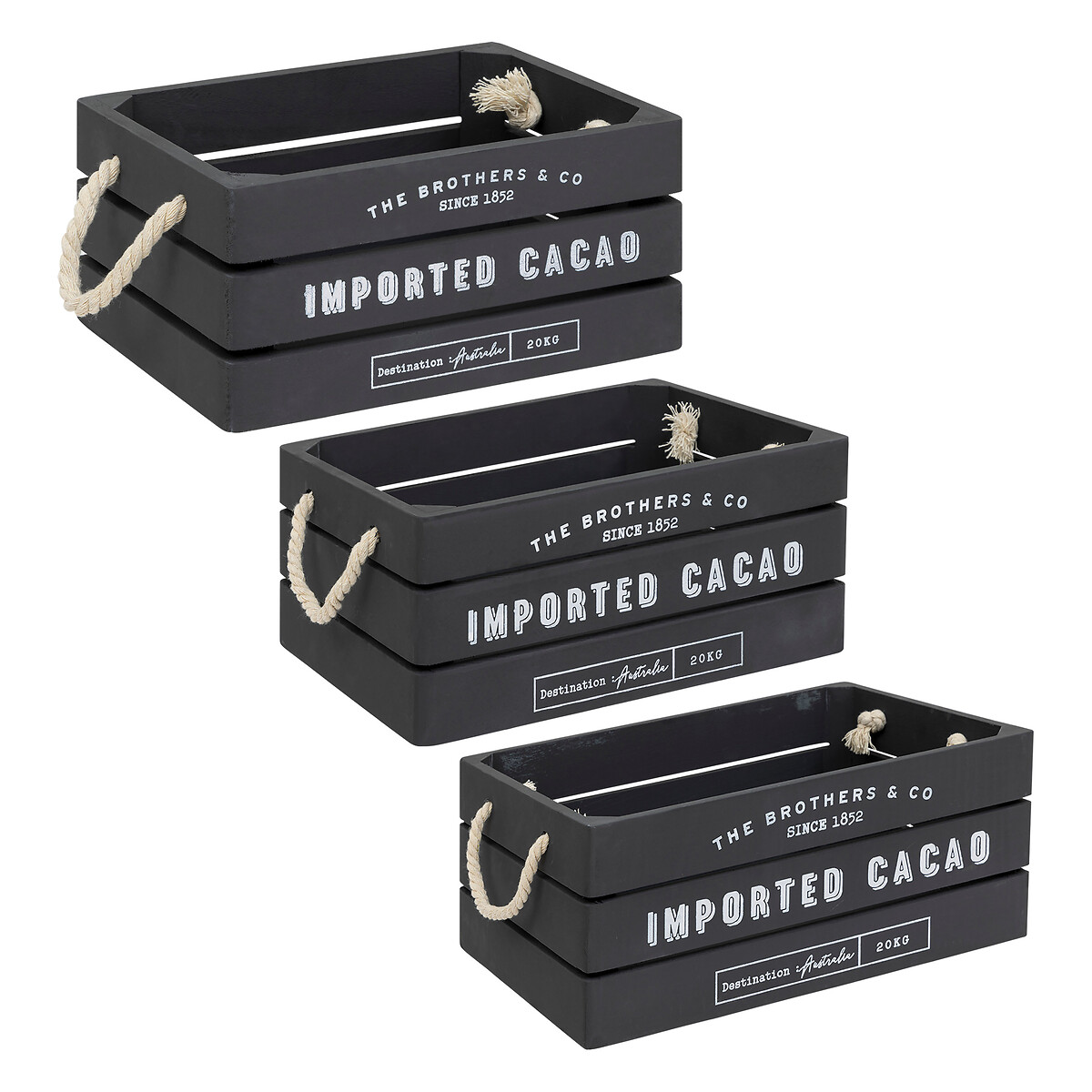 Set of 3 "Denys" wood crates Grey, L.23/29/35 cm