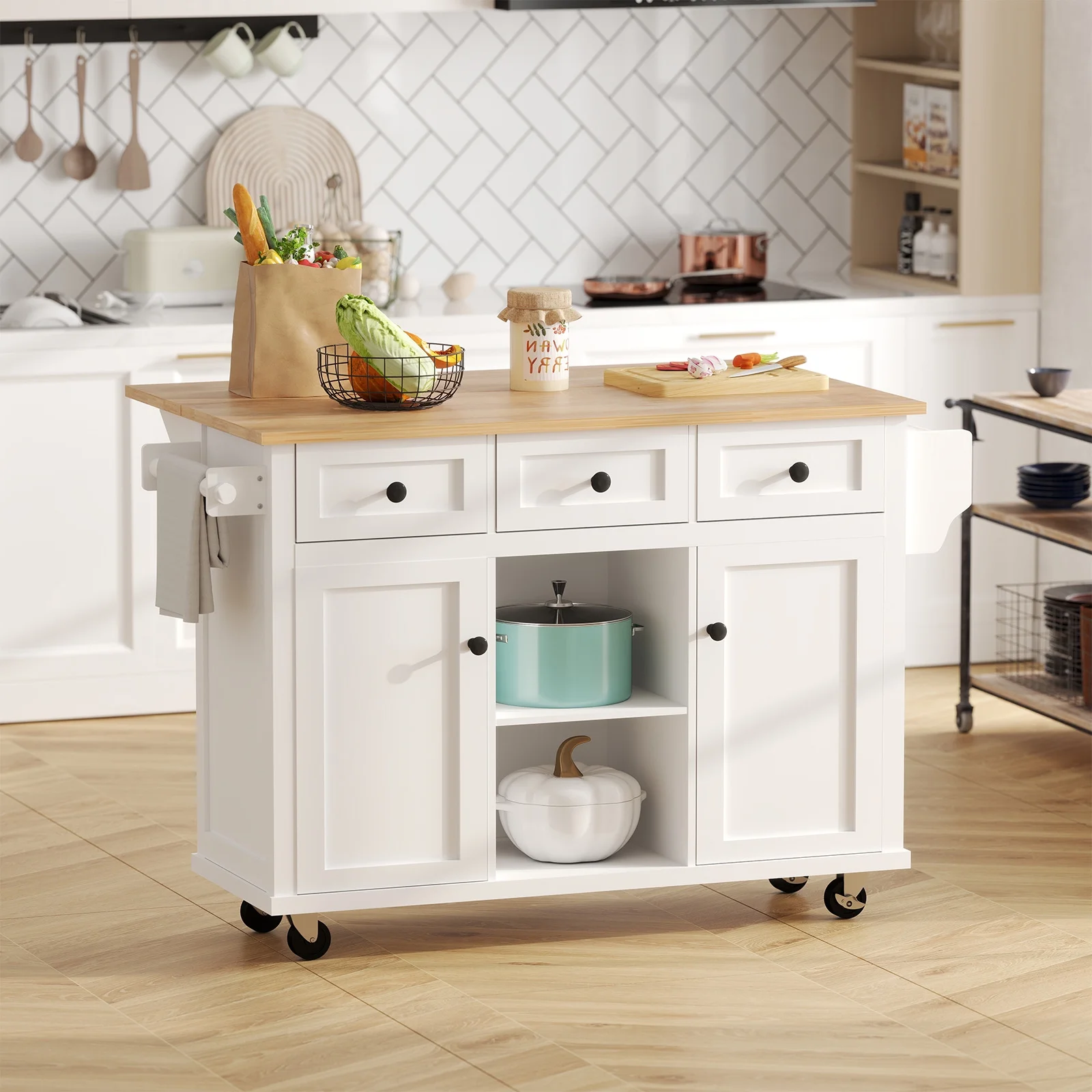 ZIVACATE Rolling Kitchen Island with Drop Leaf and Storage Large 53 in Movable Kitchen Carts White