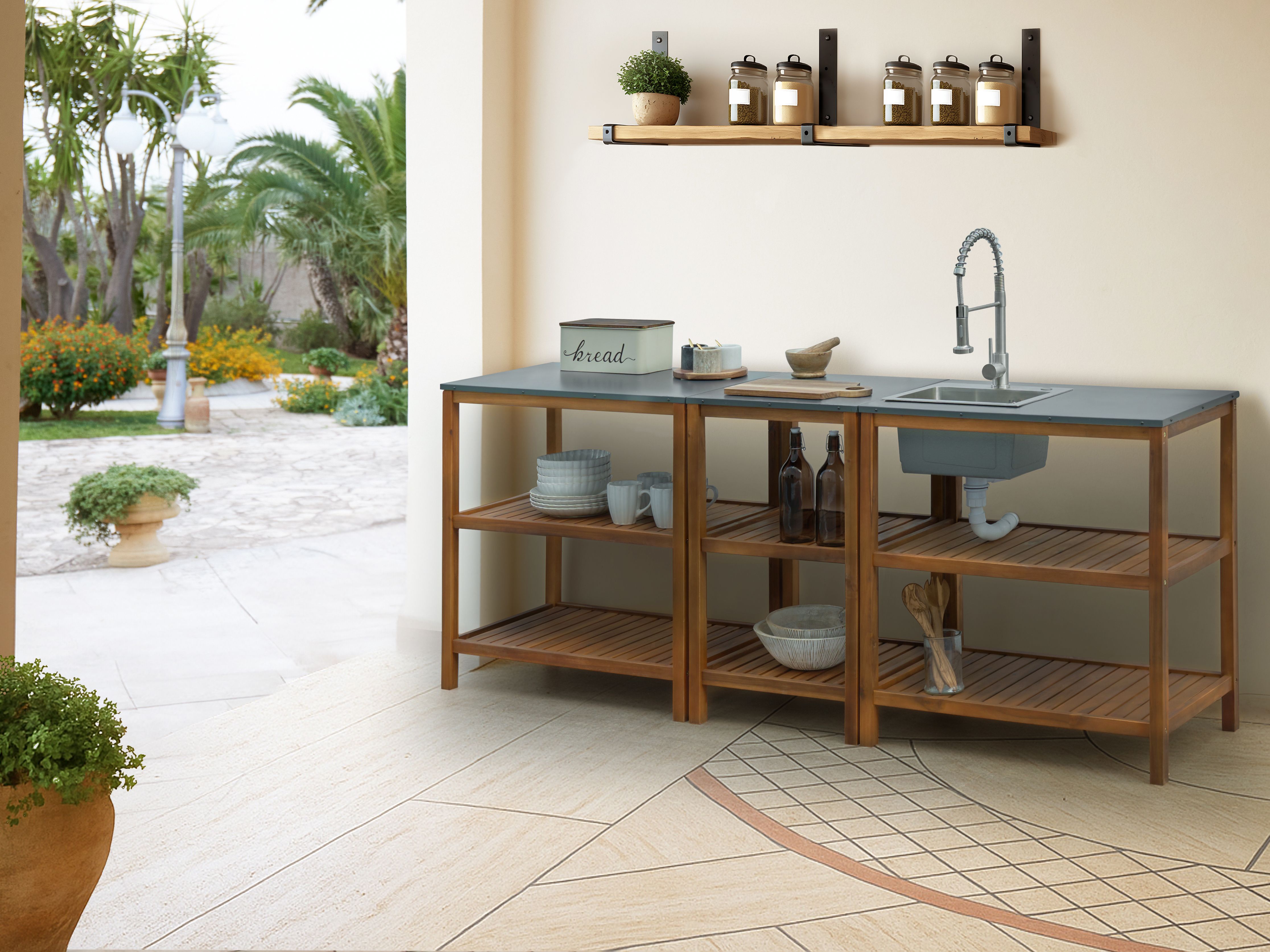 3 Piece Outdoor Kitchen Set with Sink BRUCOLI Acacia Wood Brown/ Silver
