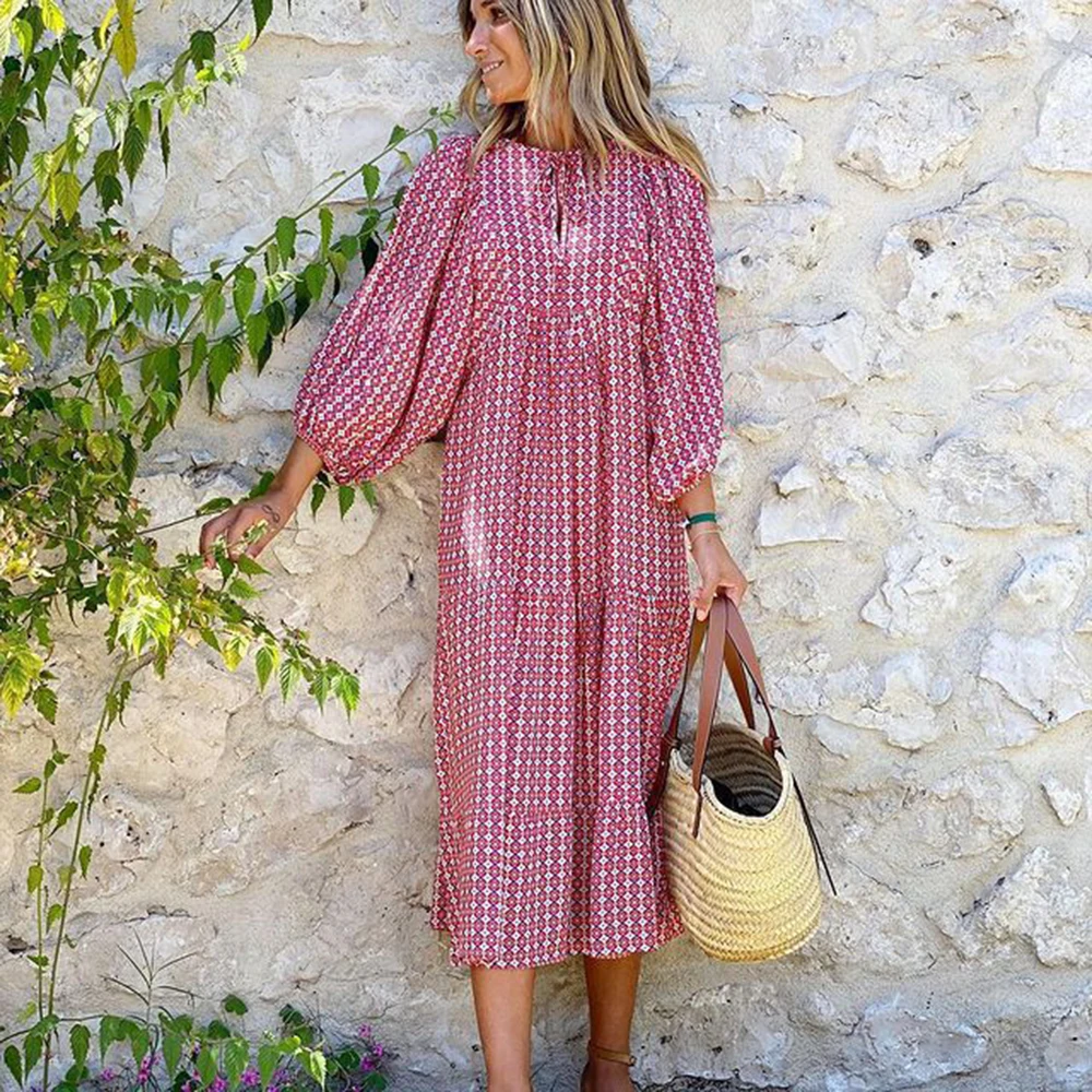Women Puff Sleeve Boho Maxi Dress Vintage Elegant Fashion Casual Print Floral V-Neck Loose Ladies Holiday Beach Party Vestidos - AZJHJ