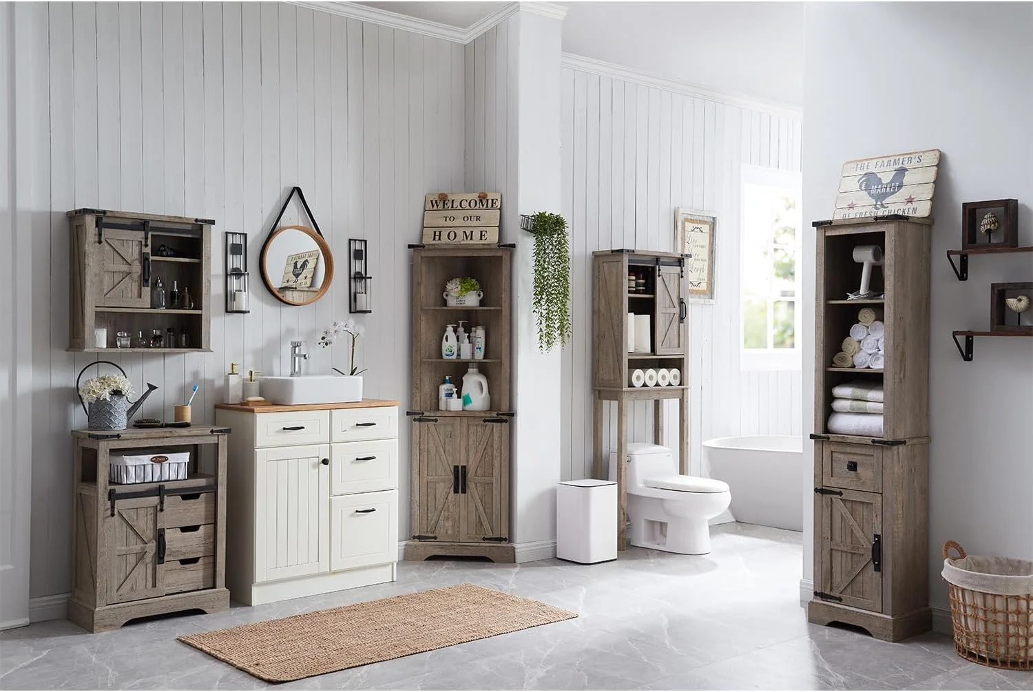 OKD Farmhouse Tall Corner Cabinet with Barn Door & Adjustable Shelves, 68" Rustic Wood Corner Cabinet with Storage Cabinet for Bathroom, Kitchen, Antique White - Image 21