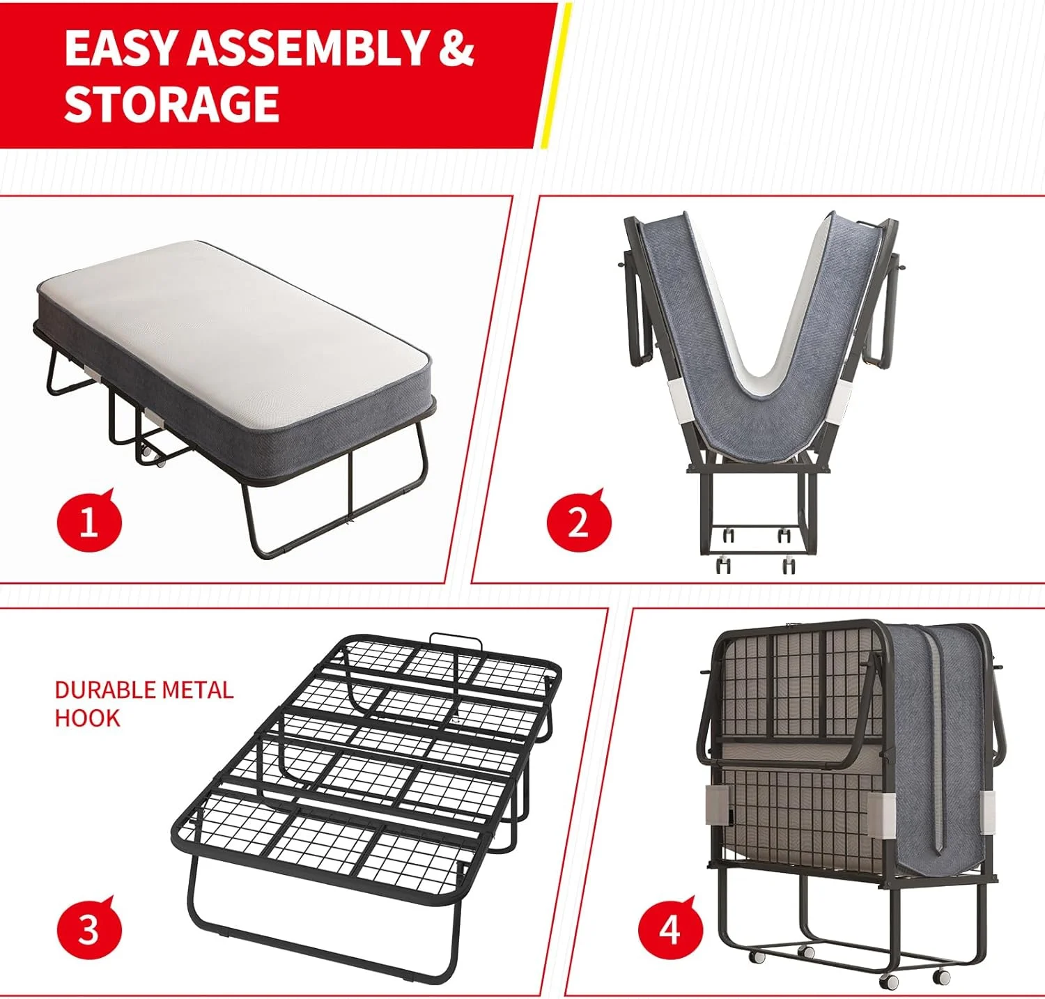 Puremind Folding Bed with 4 Inch Foam Mattress, 75" x 31" Rollaway Bed for Adults, Portable Bed with Lockable Wheels, Easy Assembly & Moving, Standard - Image 4