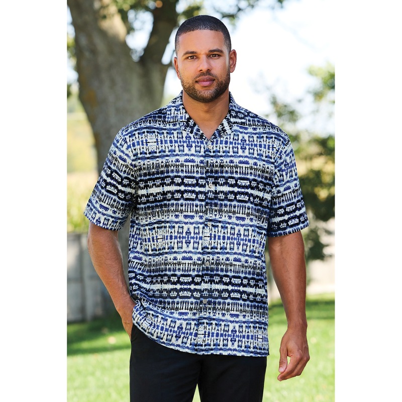 Stacy Adams Geo Stripe Men’s Crepe Button-Down Shirt with Short Sleeves - MIDNIGHT VELVET CATALOG