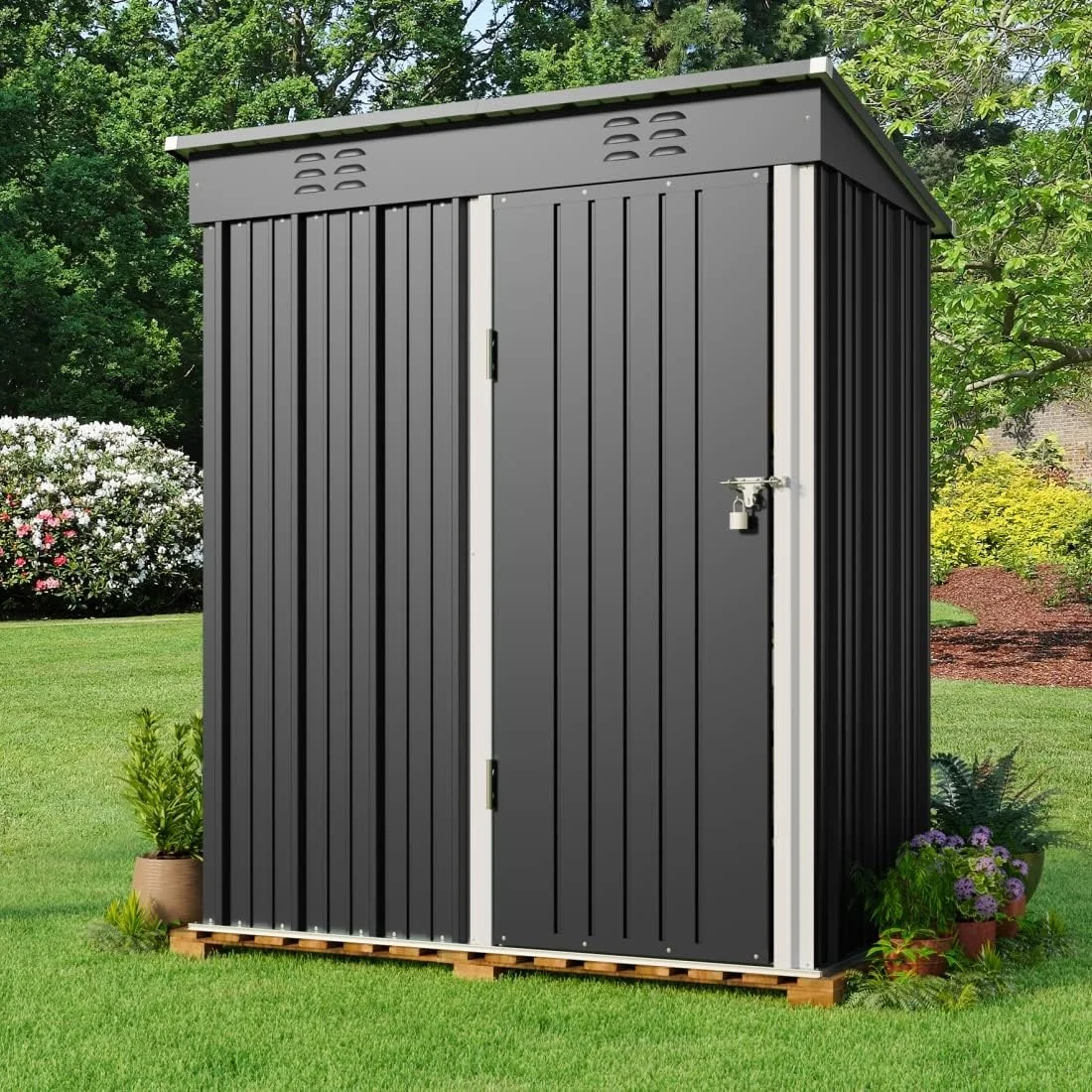 5'x3' Outdoor Storage Shed, Lofka Metal Storage Tool Shed with Single Lockable Door, for Bike| Garden Tools| Patio, Grey - Image 12