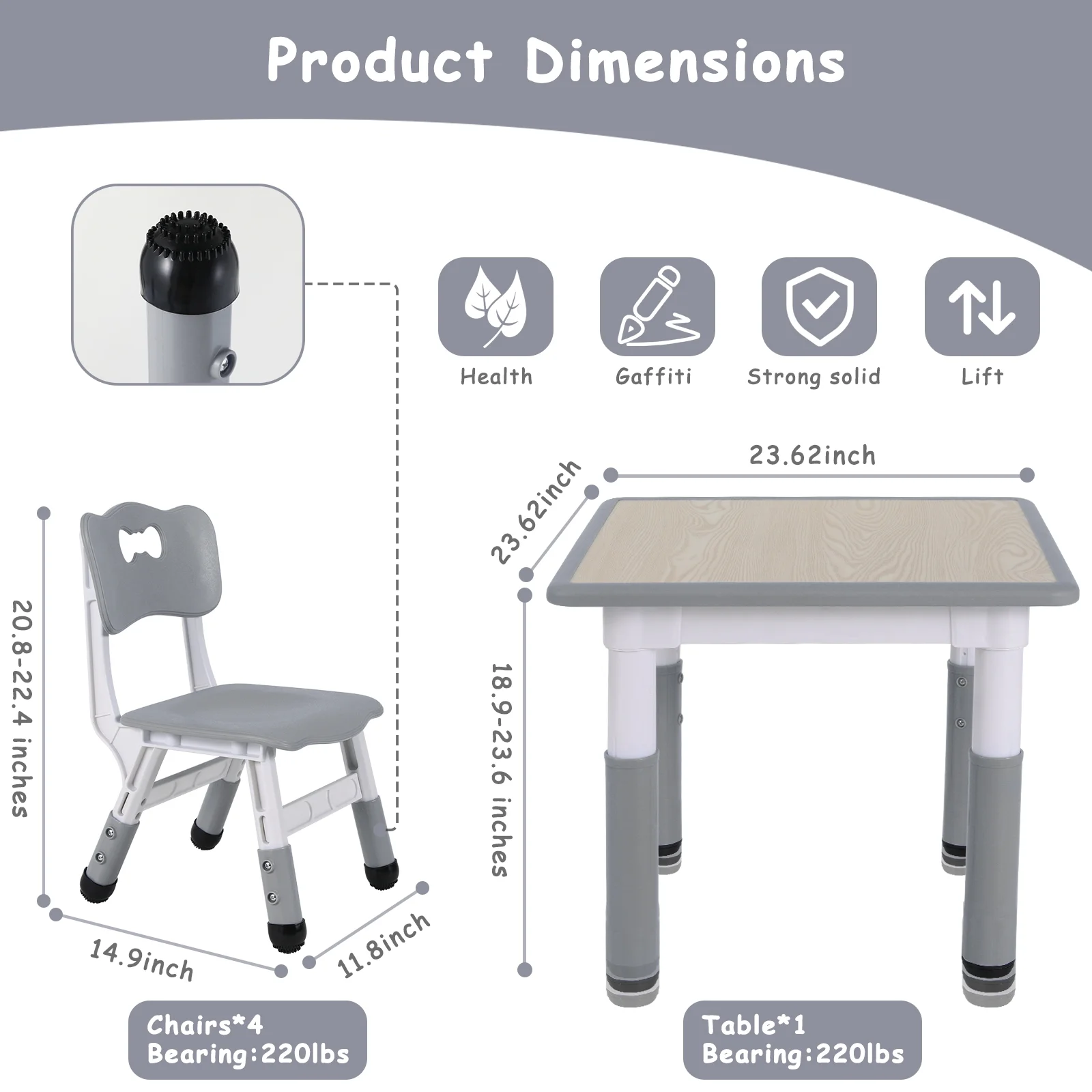 Arlopu 5 Pcs Kids Table and Chairs Set, Height Adjustable, Toddlers Activity Table & 4 Chairs Set for Study, Grey