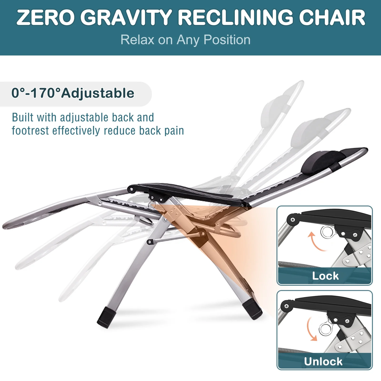 NAIZEA Zero Gravity Chair with Removable Cushion and Cup Holder Black - Image 15