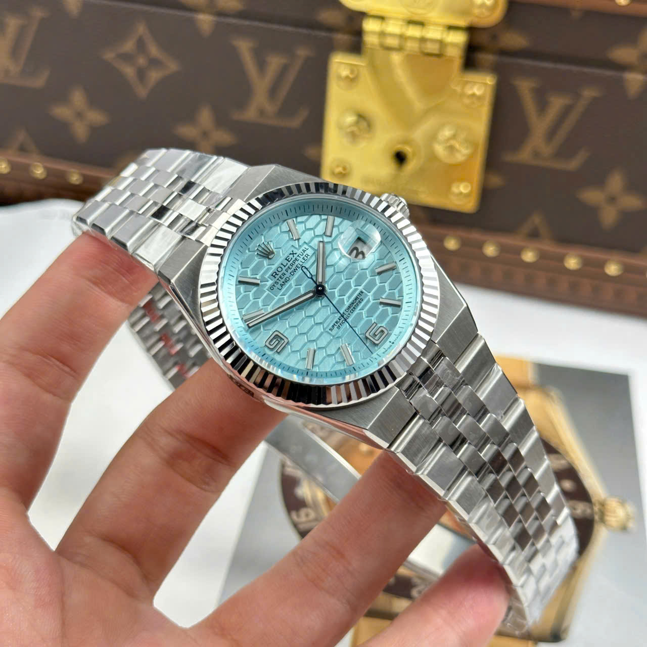 Rolex Land-Dweller 127336 Ice Blue   Honeycomb Motif Dial Best Fake Watches 40mm - Elite Watch Atelier