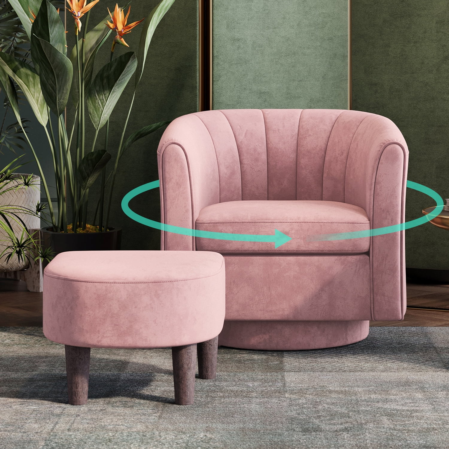 LINSY HOME Swivel Accent Chair with Ottoman, Velvet Barrel Chair for Living Room, Blue - Image 17