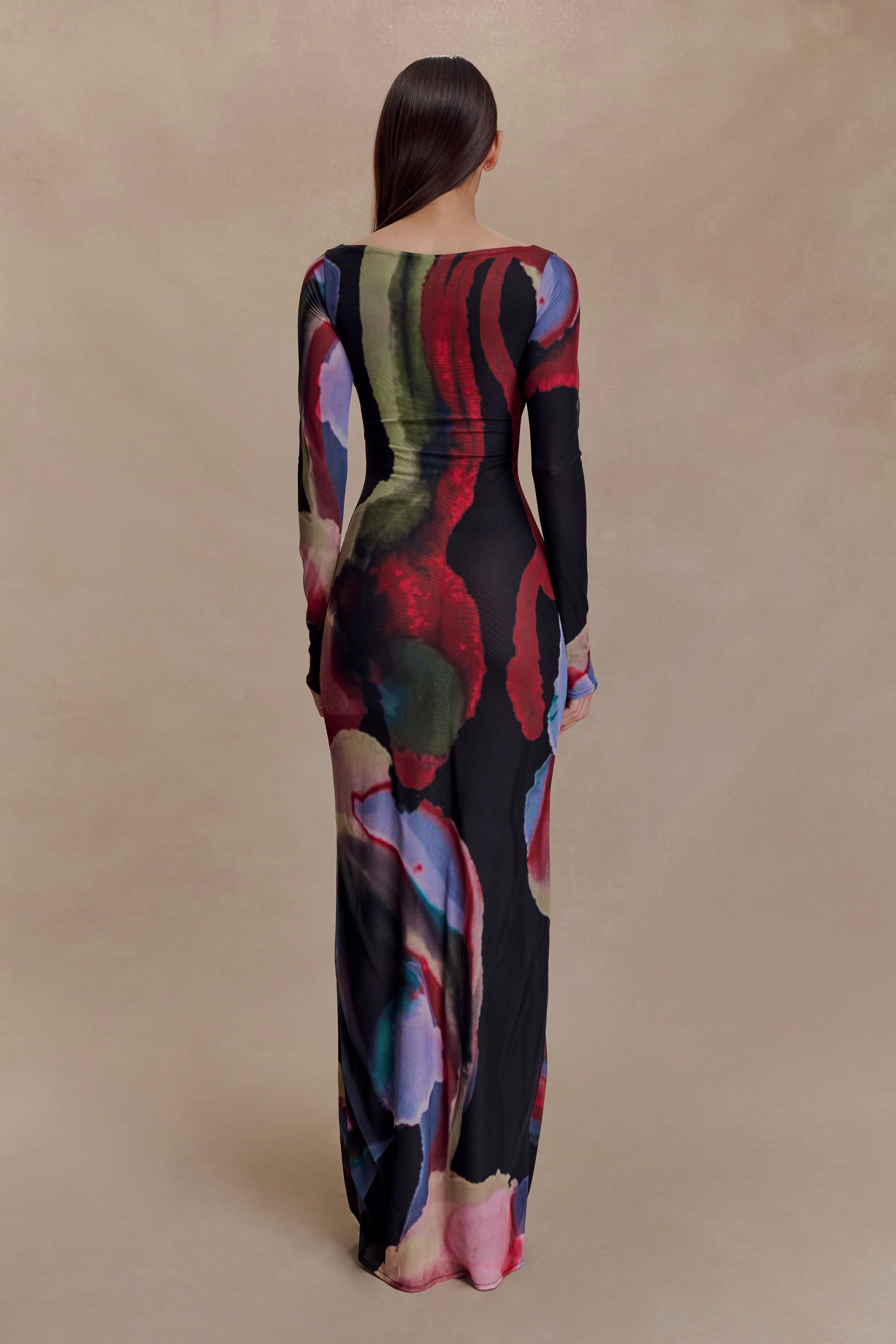Soraya Long Sleeve Mesh Maxi Dress - Multi Fluid Reverie Print