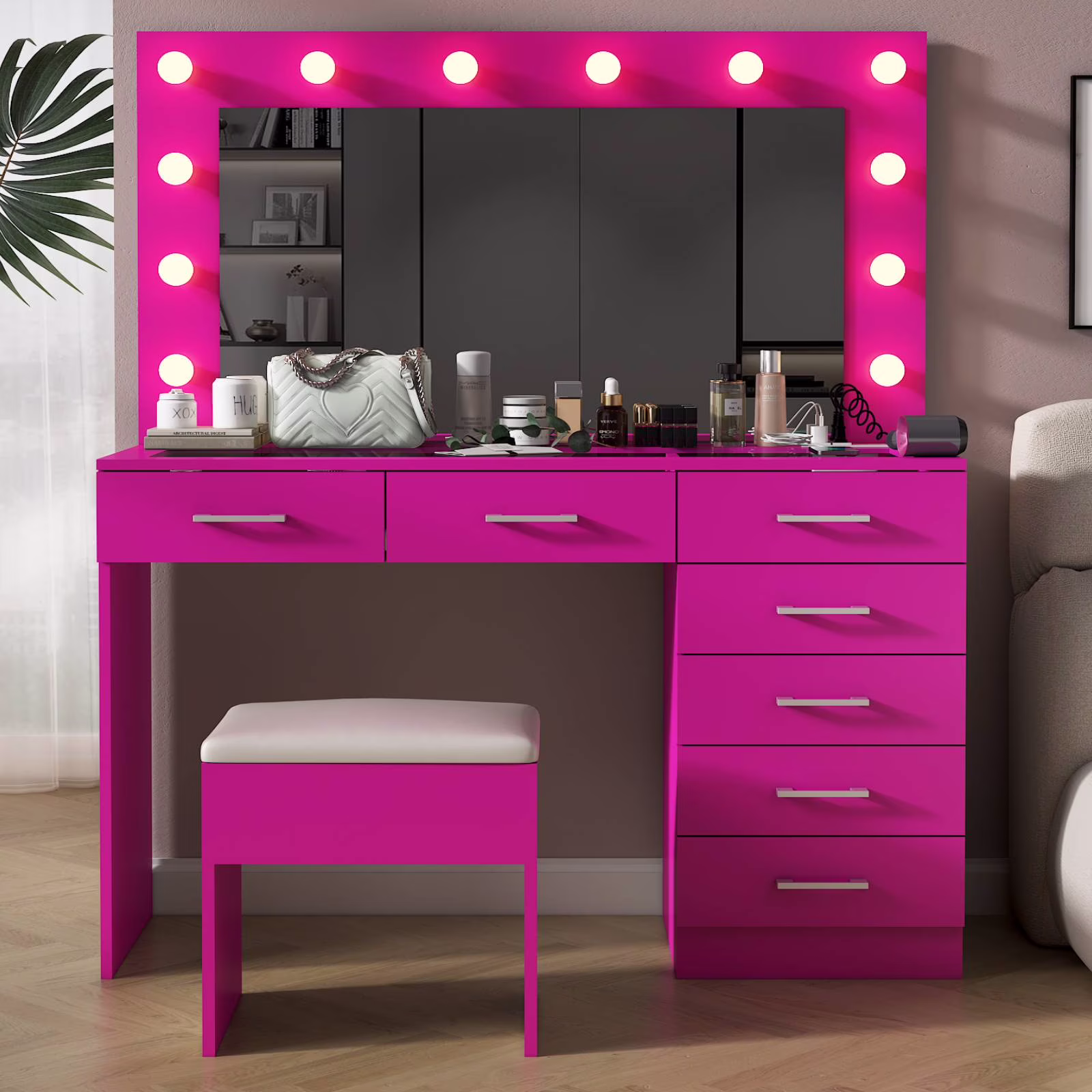 Ktaxon Large Makeup Vanity, Vanity Table Set w/ Visible Glass Top w/ Charging Station, White - Image 15
