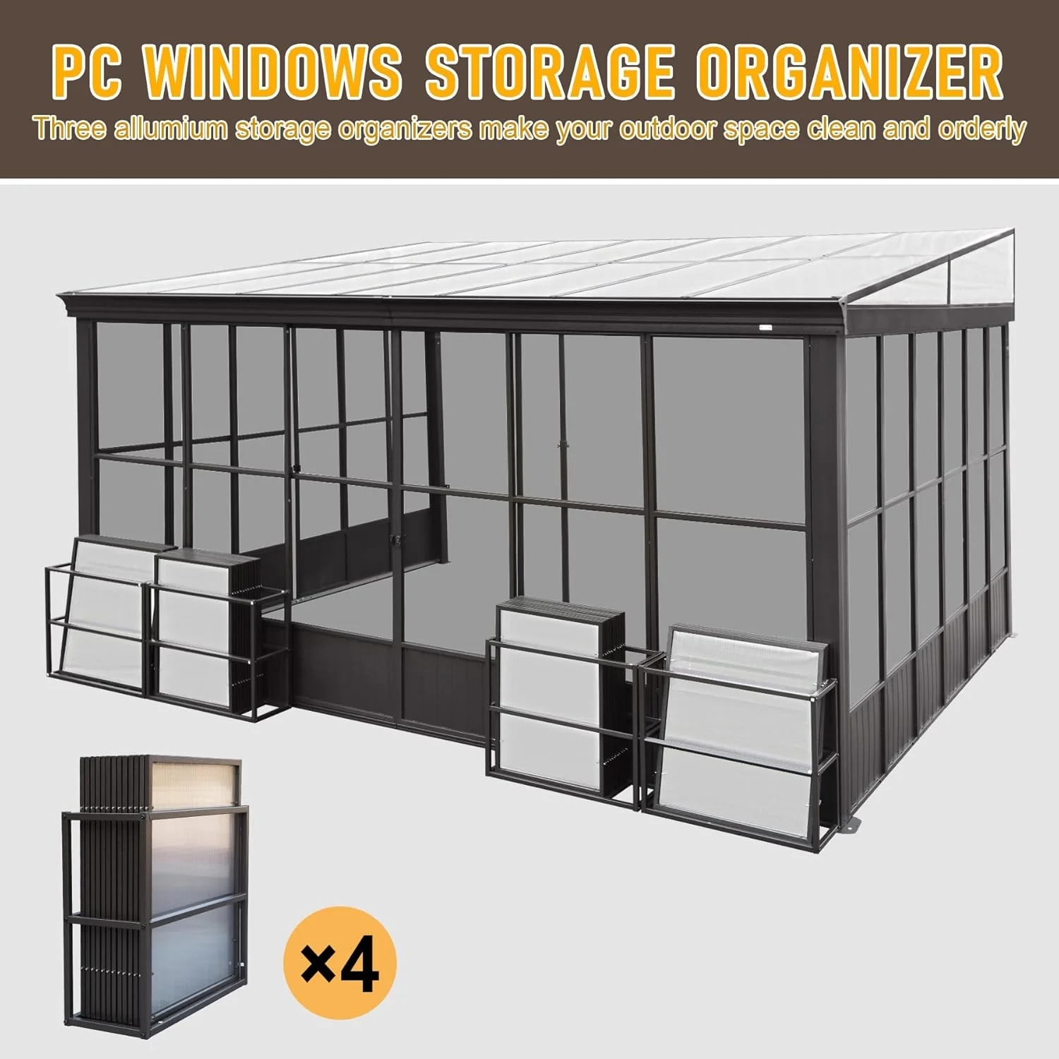 TOTAL Outdoor 10'x12' All-Season Sunroom Gazebo with Steel Roof, PVC Screen, Front & Side Door, Brown - Image 89