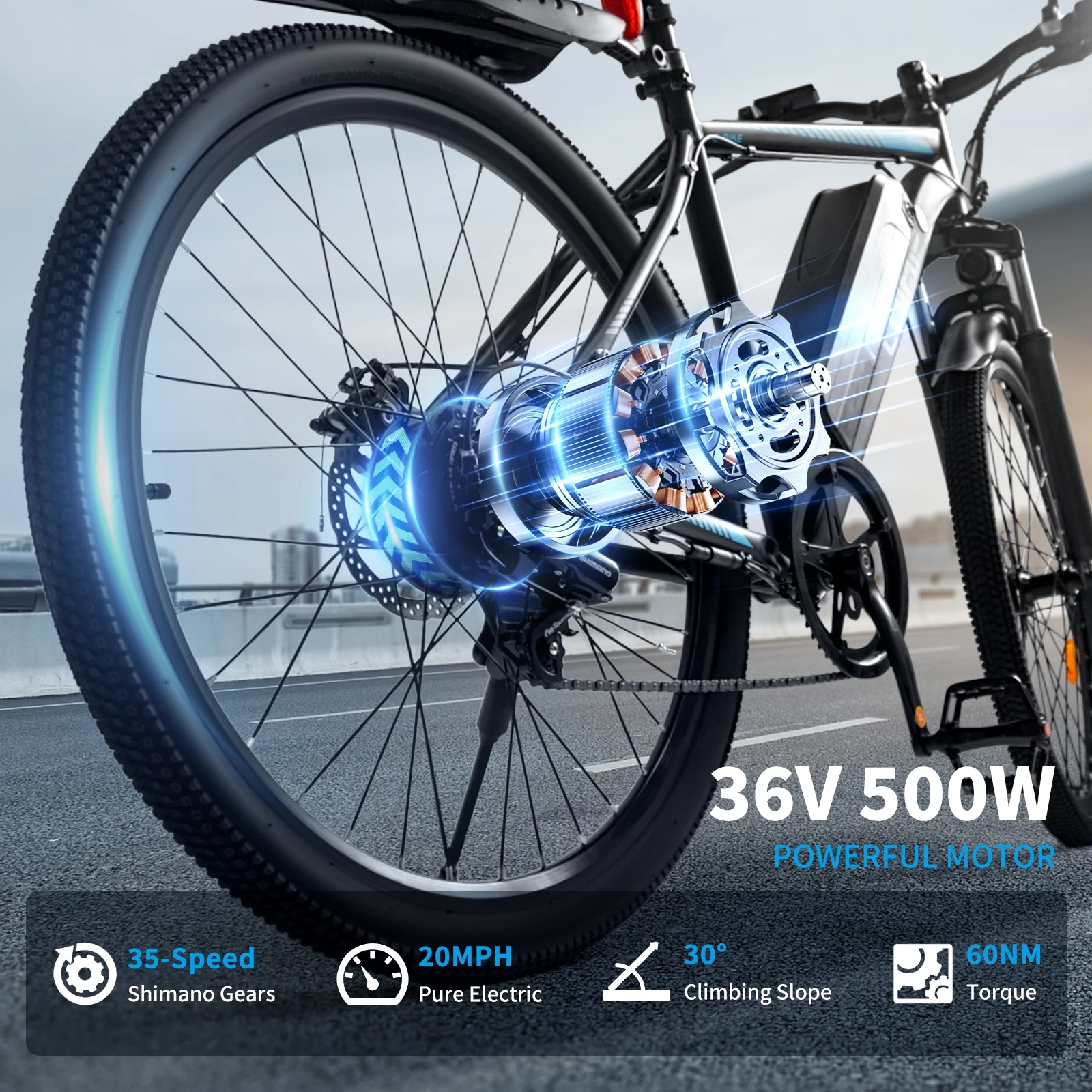 Hipatoo 26" Electric Bike 500W 20MPH E-bike, 36V 10.4Ah Battery, Ebike for Adults, E Bike UL2849 - Image 8