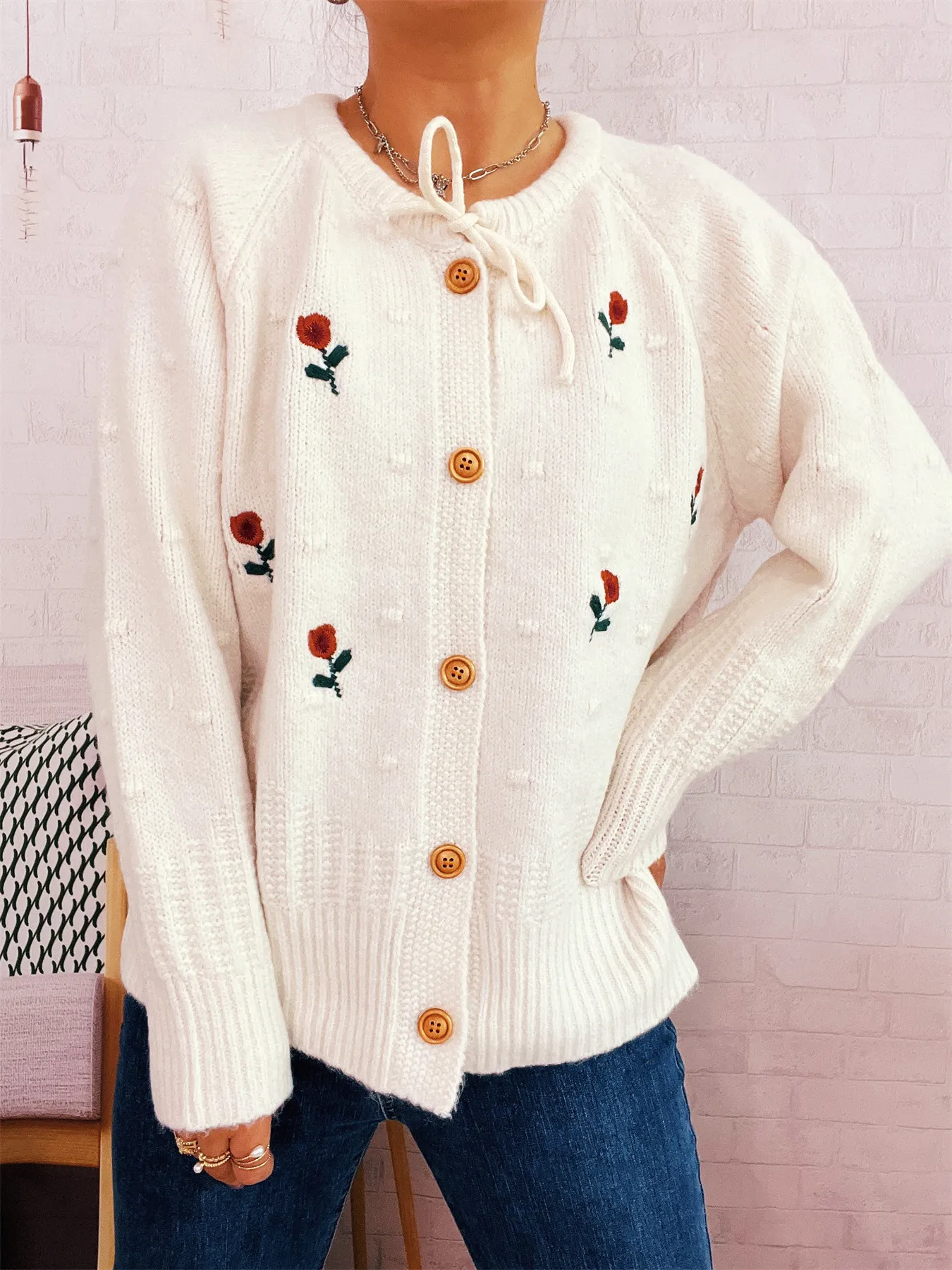 Rose Embroidered Button-Up Cardigan - ZKZOOK
