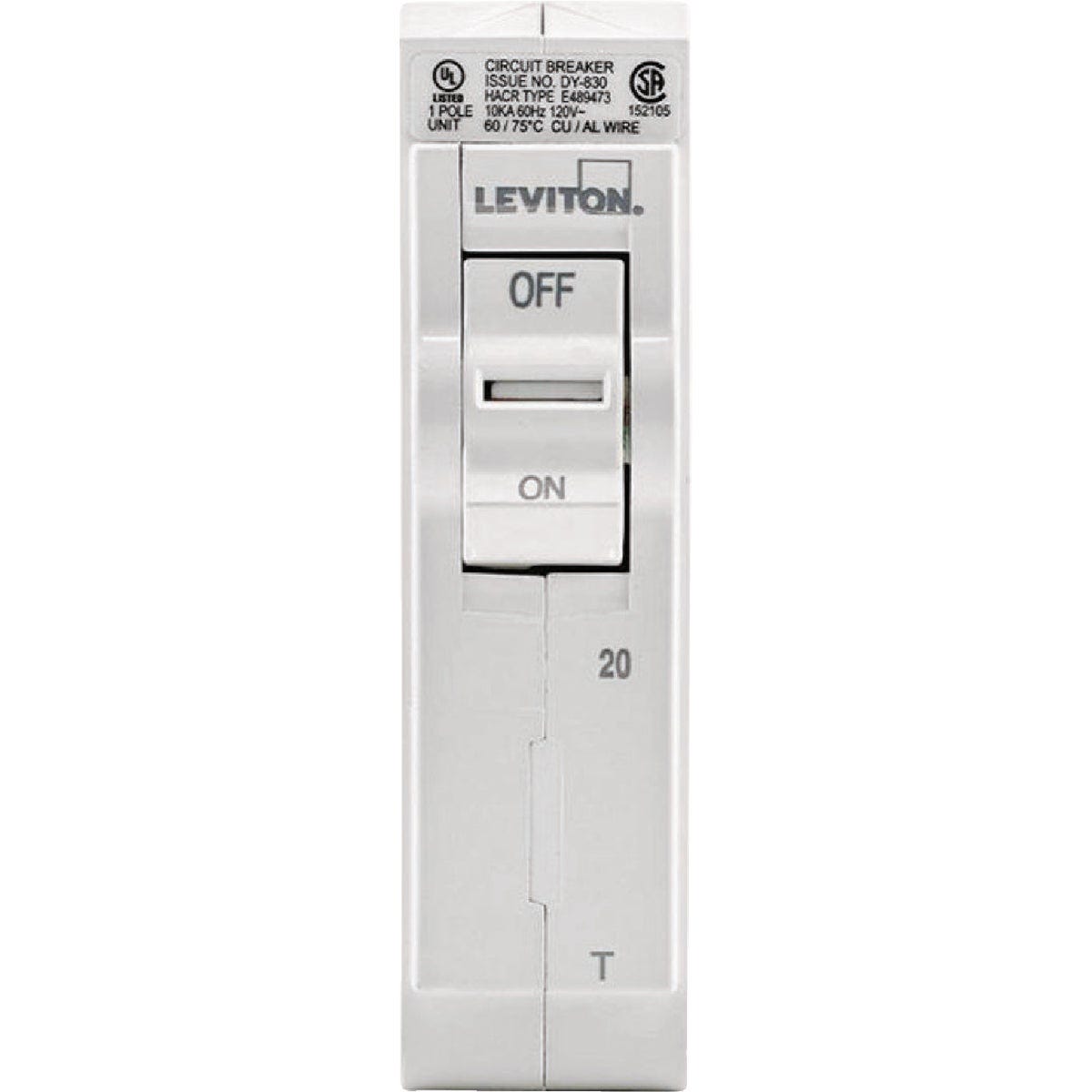 Leviton 20A Single-Pole Plug-On Standard Branch Thermal Magnetic Trip Circuit Breaker