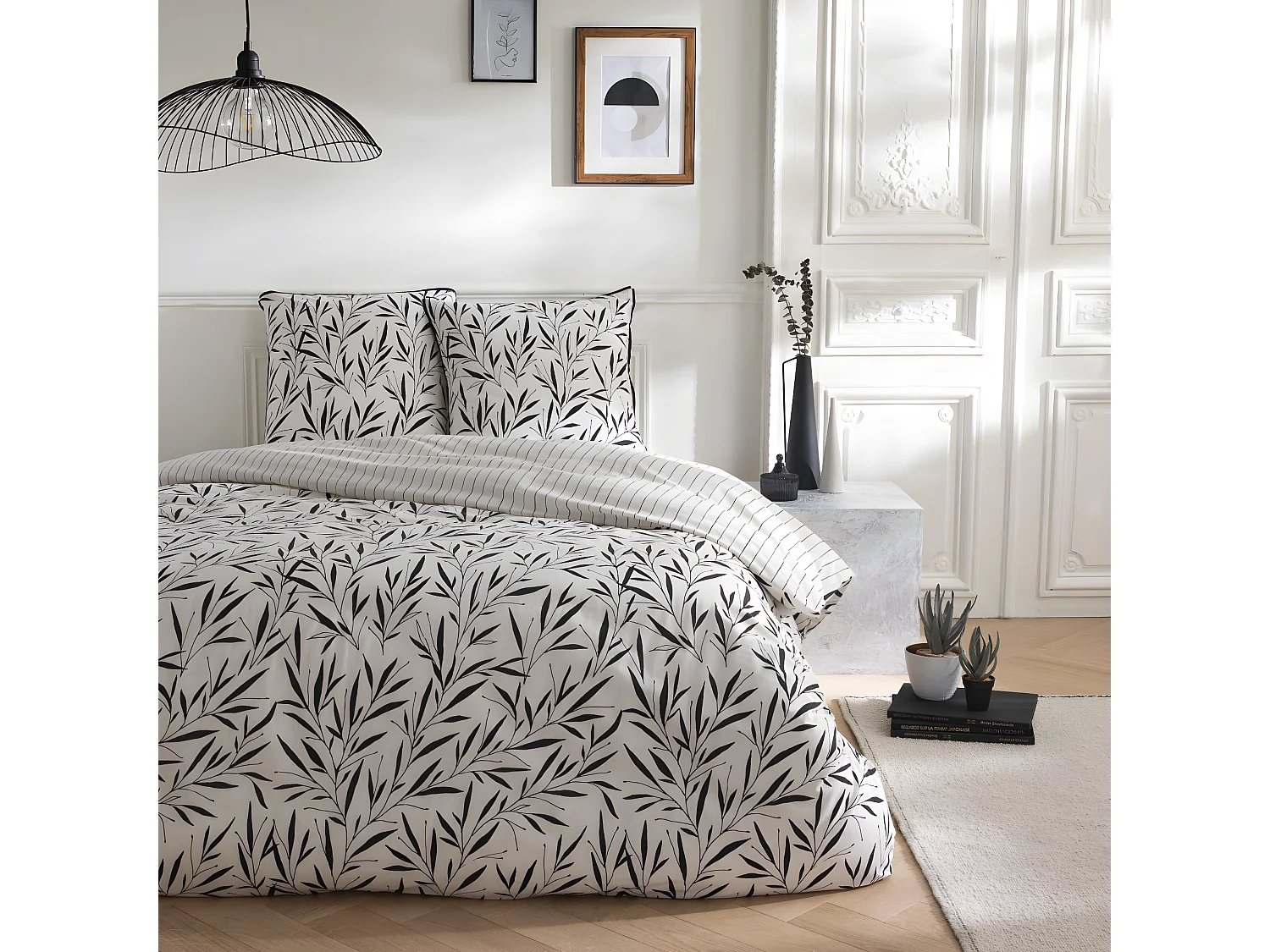 Parure de lit 2 personnes feuillage et rayures en coton 240x220cm