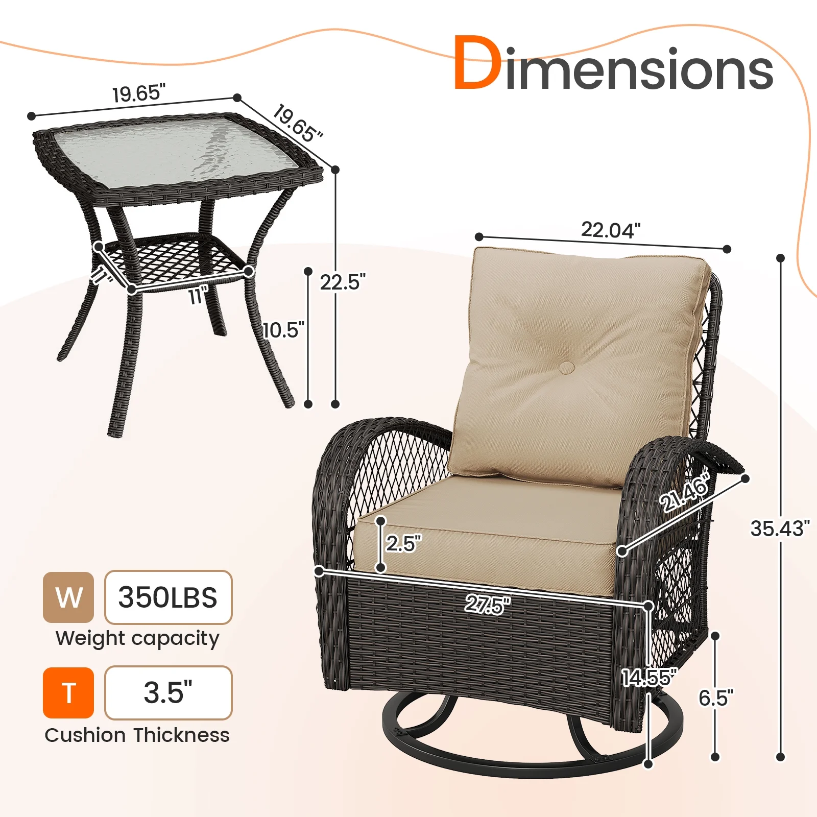 MRUAKA 3 Pieces Patio Furniture Set, Outdoor Swivel Gliders Rocker, Wicker Patio Bistro Set with Rattan Rocking Chair, Glass Top Side Table and Thickened Cushions (Khaki)