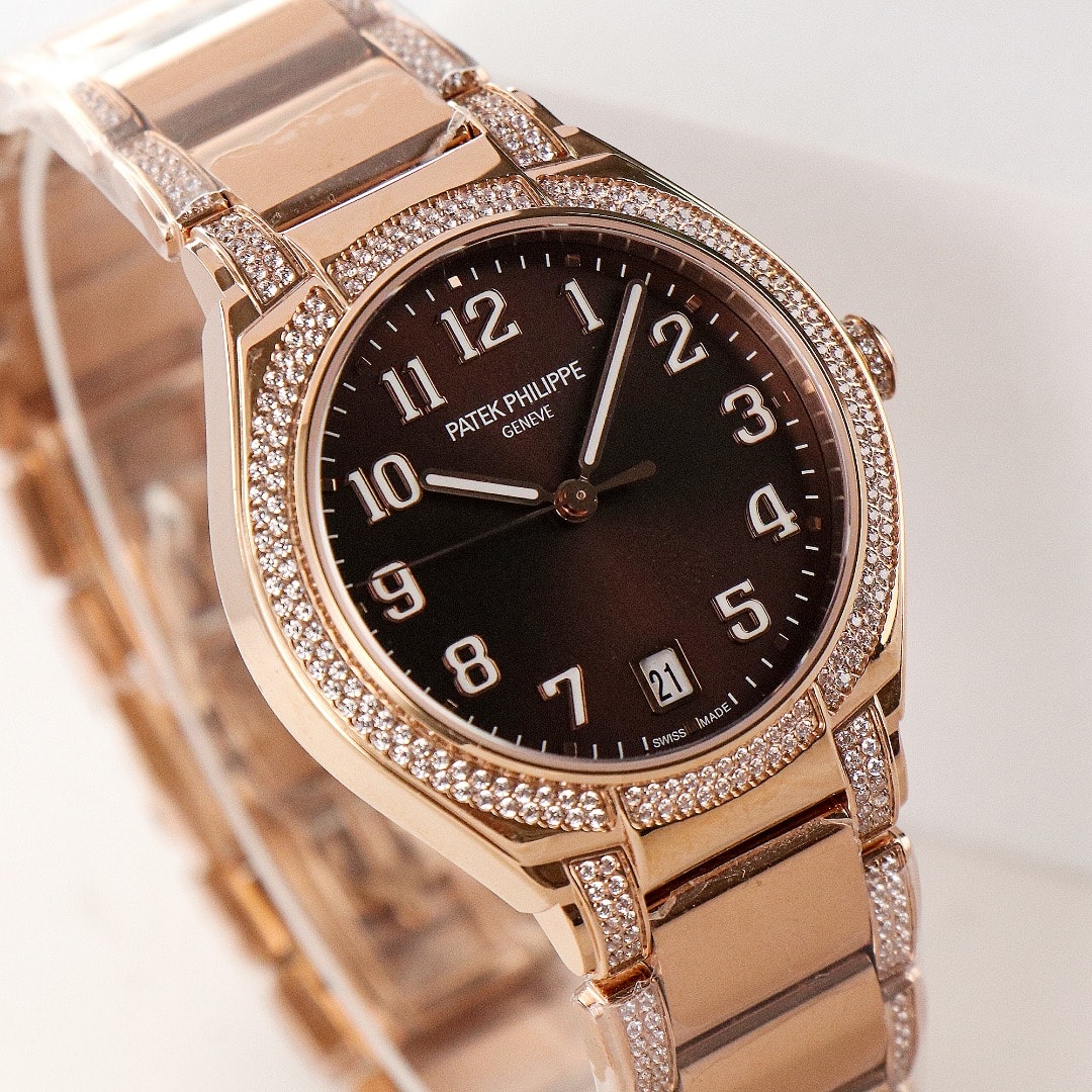 Fake Diamond Watch Replica Patek Philippe Twenty~4 Ladies Rose Gold/Diamonds Brown Dial 7300/1201R-010(1:1 replica) - Top club