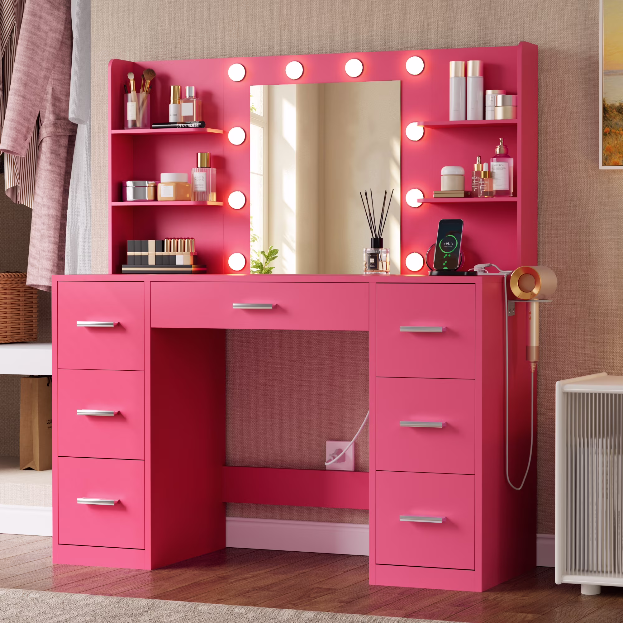 Lacoo Vanity Desk with Mirror and LED Lights, Makeup Vanity with 7 Drawers & 4 Shelves, Vanity Table with Power Outlet for Bedroom Dressing Room, White - Image 5