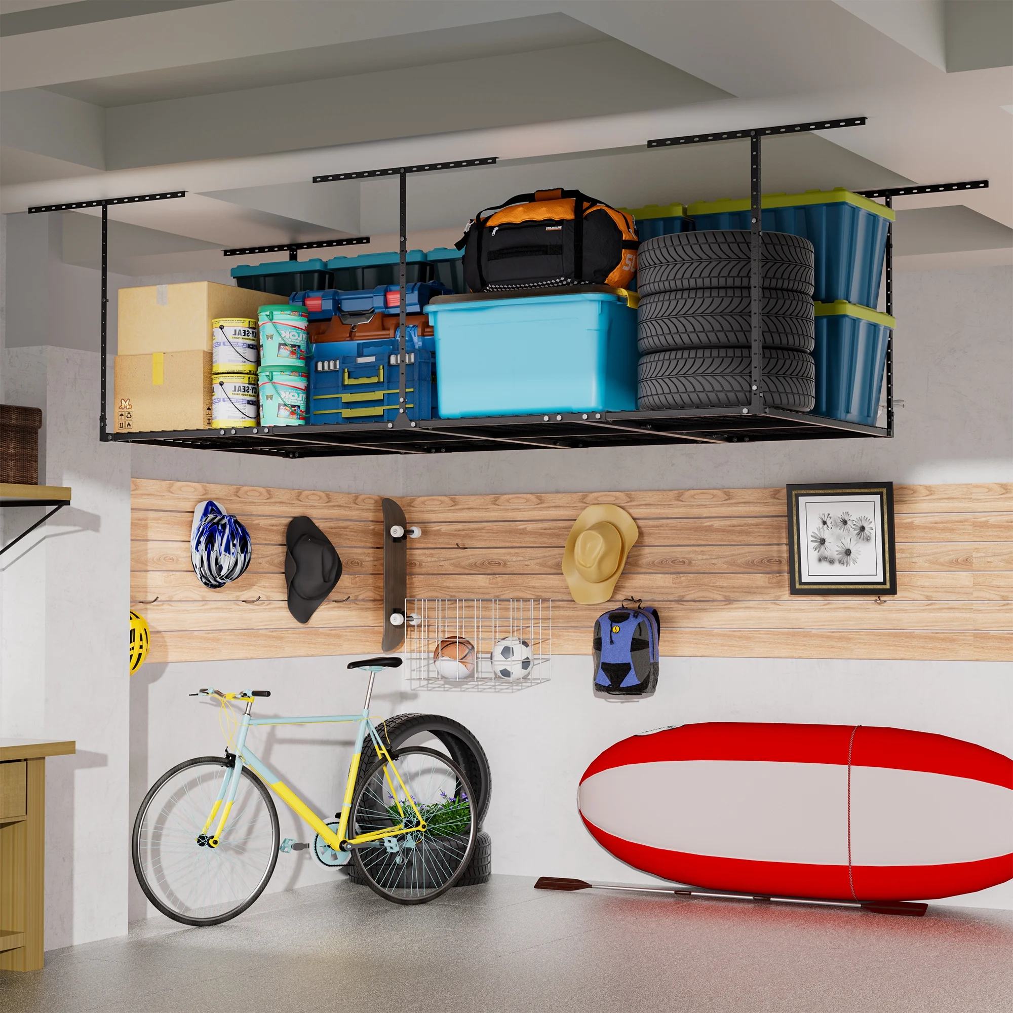 4 x 8FT Overhead Garage Storage Rack, Adjustable Ceiling Storage Racks, Garage Shelving Heavy Duty Storage Organizer System,600lbs Weight Capacity (Black)