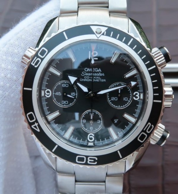 Replica Omega Seamaster Planet Ocean Chrono 45mm Black Dial Silver Markers SS Bracelet A7750 - Top club
