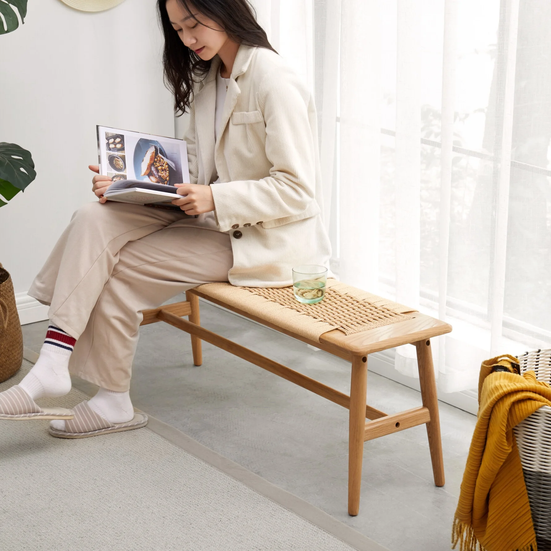 Woven Rattan Bench,Natural Oak Wood Dining Bench,Bed Bench Entryway Bench for Entryway,Dining Room,Bedroom,Bathroom