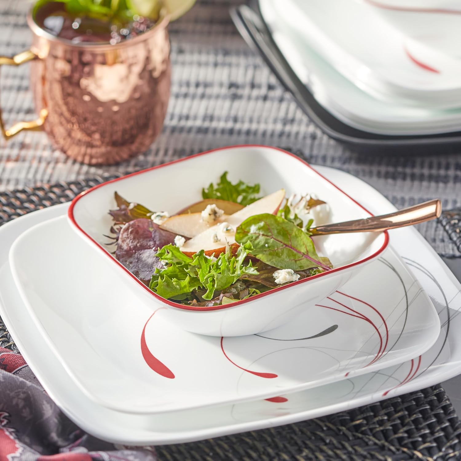 Corelle Vitrelle 18-Piece Service for 6 Dinnerware Set Triple Layer Glass and Chip Resistant, Lightweight Square Plates and Bowls Set, Splendor