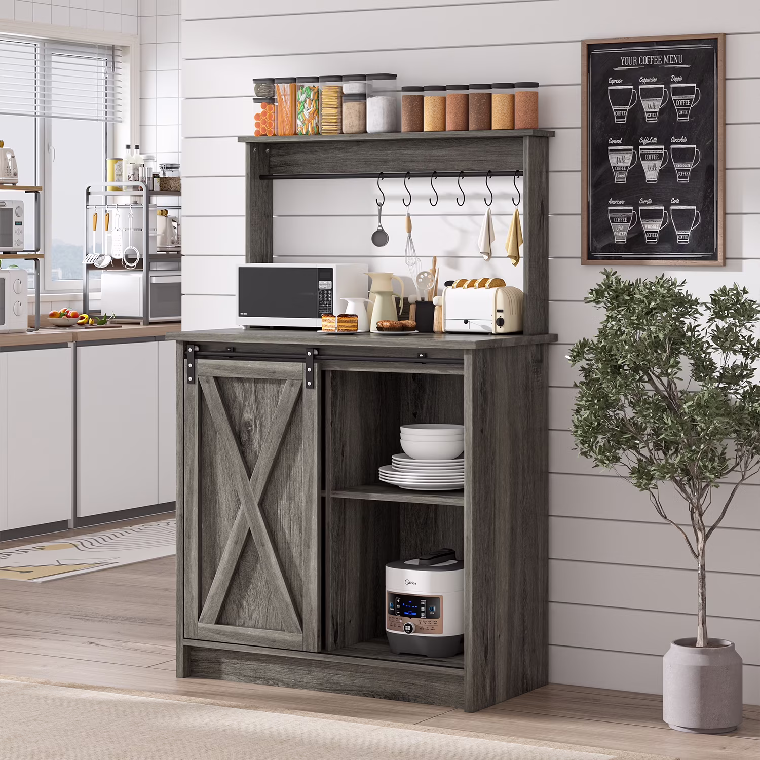 Catrimown Coffee Bar Cabinet, Barn Door Sideboard Buffet Cabinet with Storage, White - Image 5