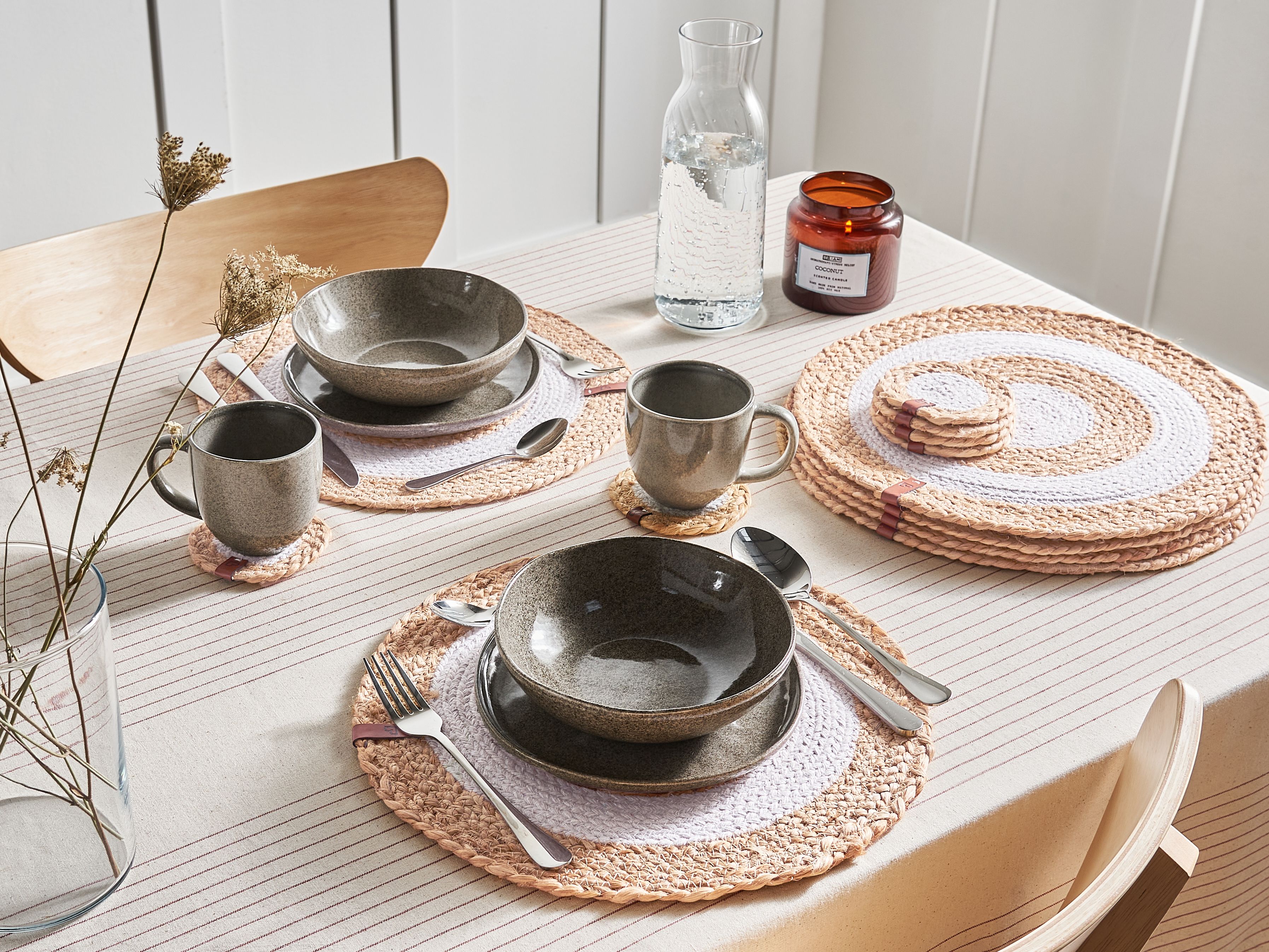 12 Piece Placemats and Coasters Set TUMERIC Natural Jute