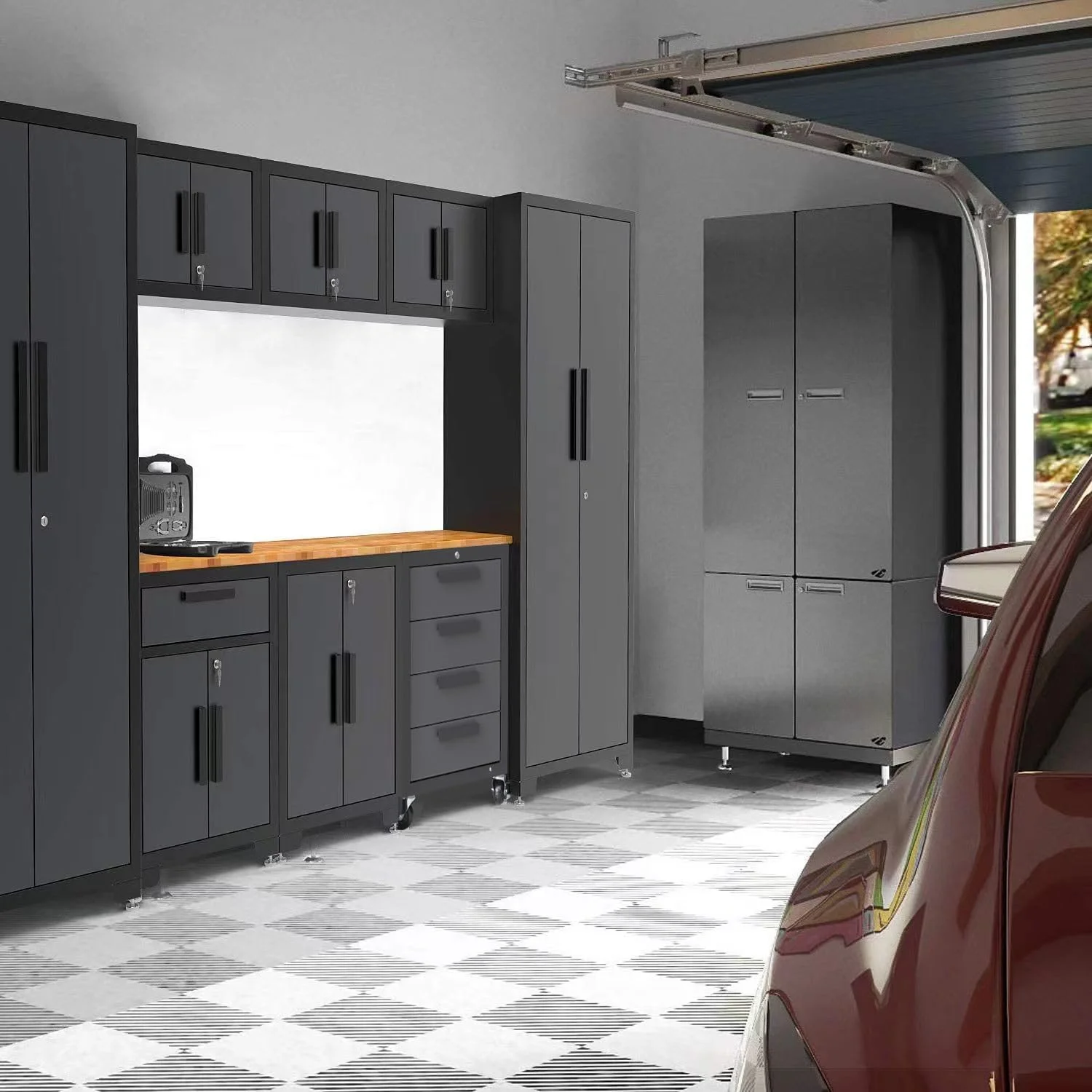 Big Red Garage Storage Cabinet Sets 9 piece Tool Organizer Workshop Cabinets with Lockers,Shelves and Wood Workbench,18.58