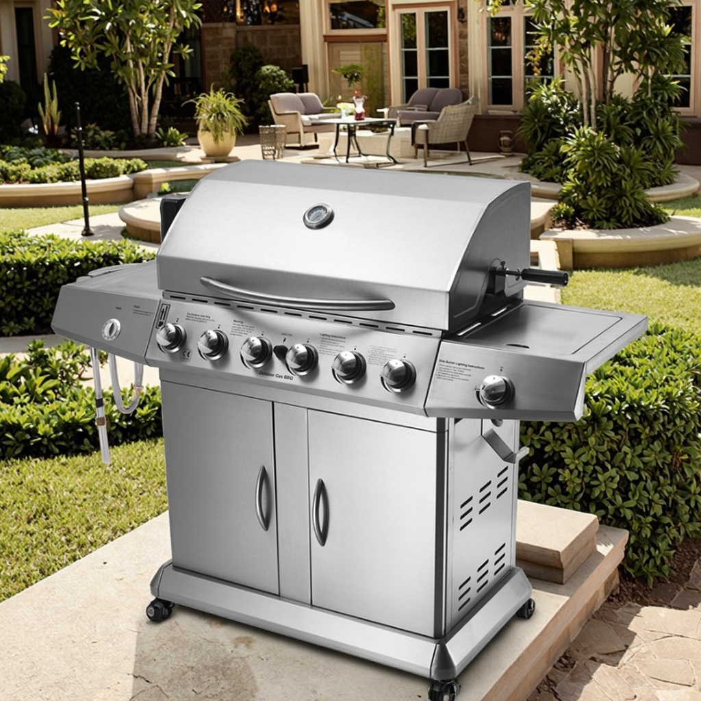 6 Burner Gas Grill Portable Foldable Trolley Stainless Steel Construction Modern Premium Design Electronic Ignition Adjustable