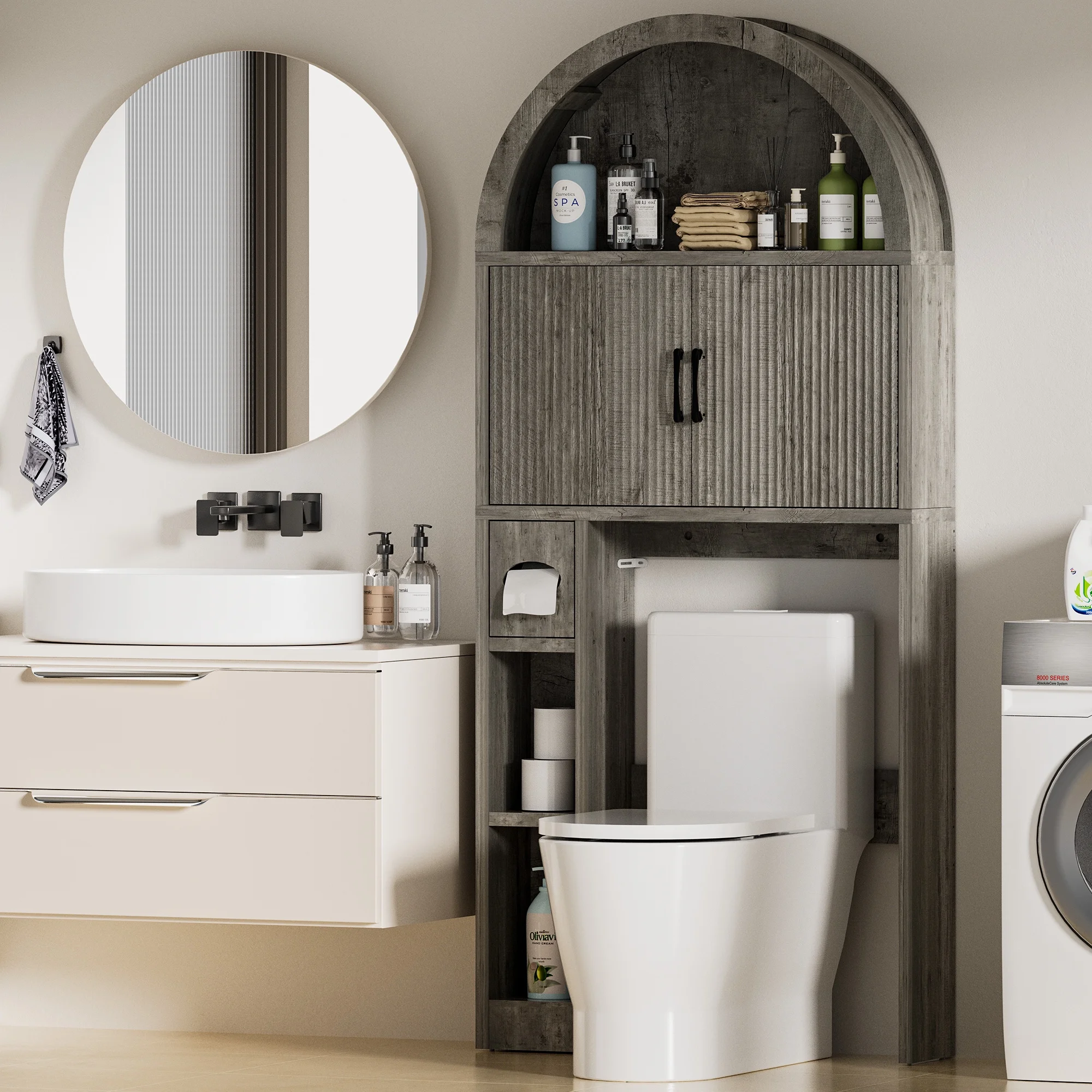 HARIPUL Over The Toilet Storage Cabinet w/ Unique Wood Grain & Arc Design, Freestanding Bathroom Shelf Organizer Space Saver w/ Doors & Anti-Tip Device, Wood Color - Image 43