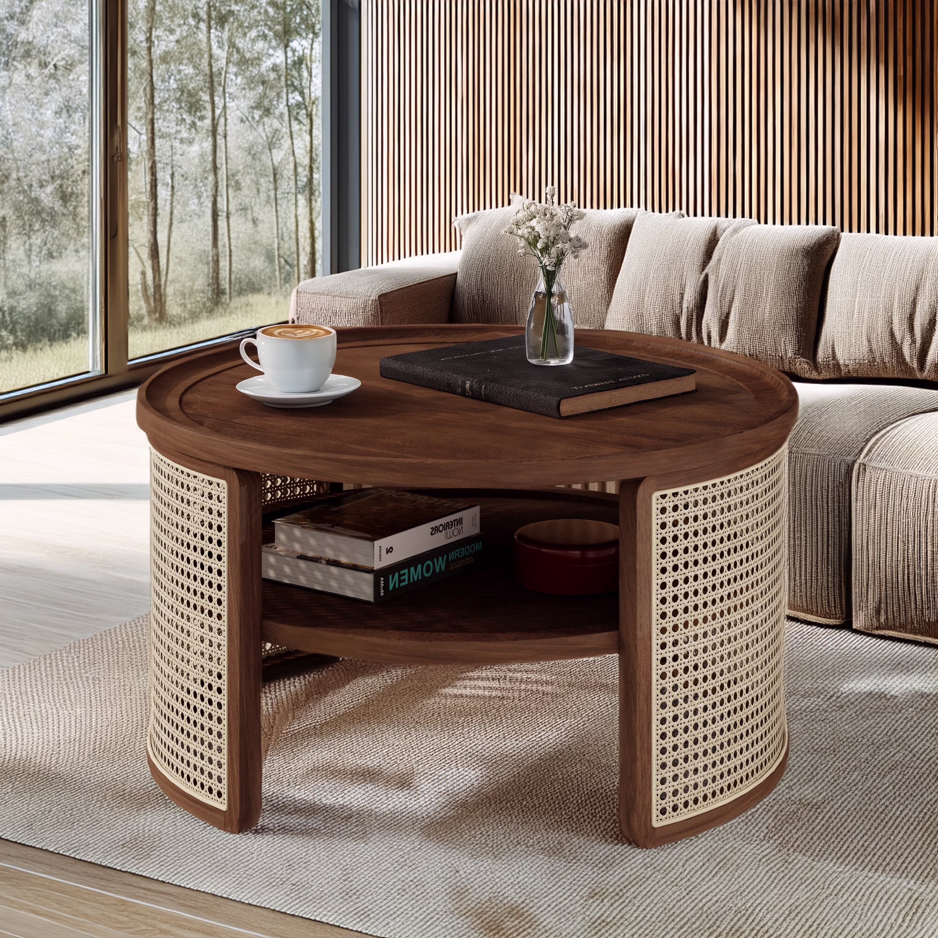 Harper & Bright Designs Rattan Round Coffee Table with Storage Shelf, Round Cane Wood Center Table for Living Room, 37'' Brown - Image 5