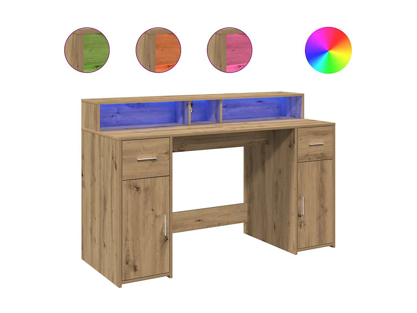 Bureau avec lumières LED chêne artisanal bois d'ingénierie