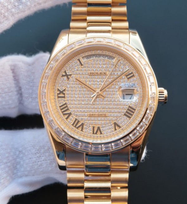 Replica Rolex Day-Date II RG Diamonds Full Bezel/Dial Roman Markers RG Bracelet A3255 - Top club