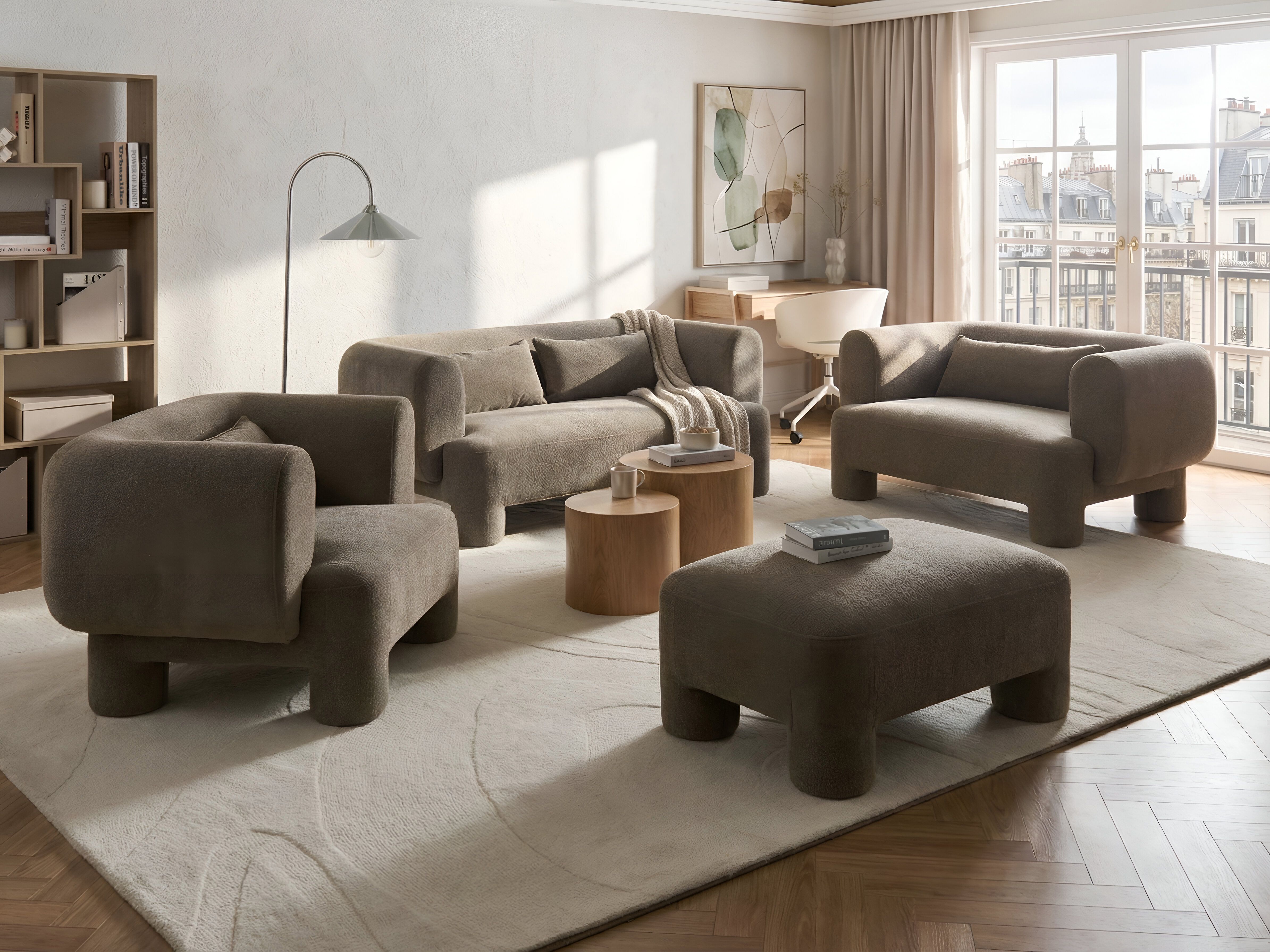 Living Room Set 6 Seater HOGBO Fabric Brown with Ottoman