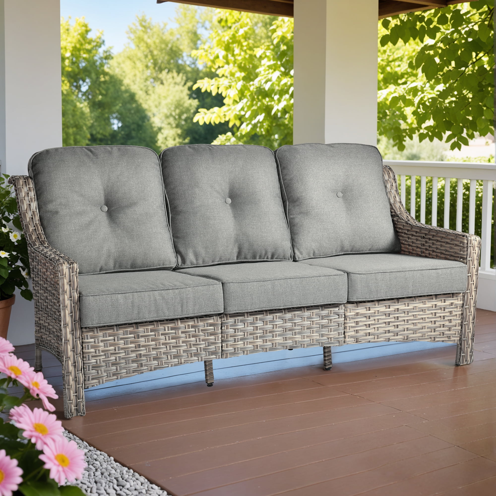 Ovios Outdoor Patio Sofa 3-Seater with Cushions All-Weather Wicker Rattan Couch for Garden, Porch, or Backyard - Image 2