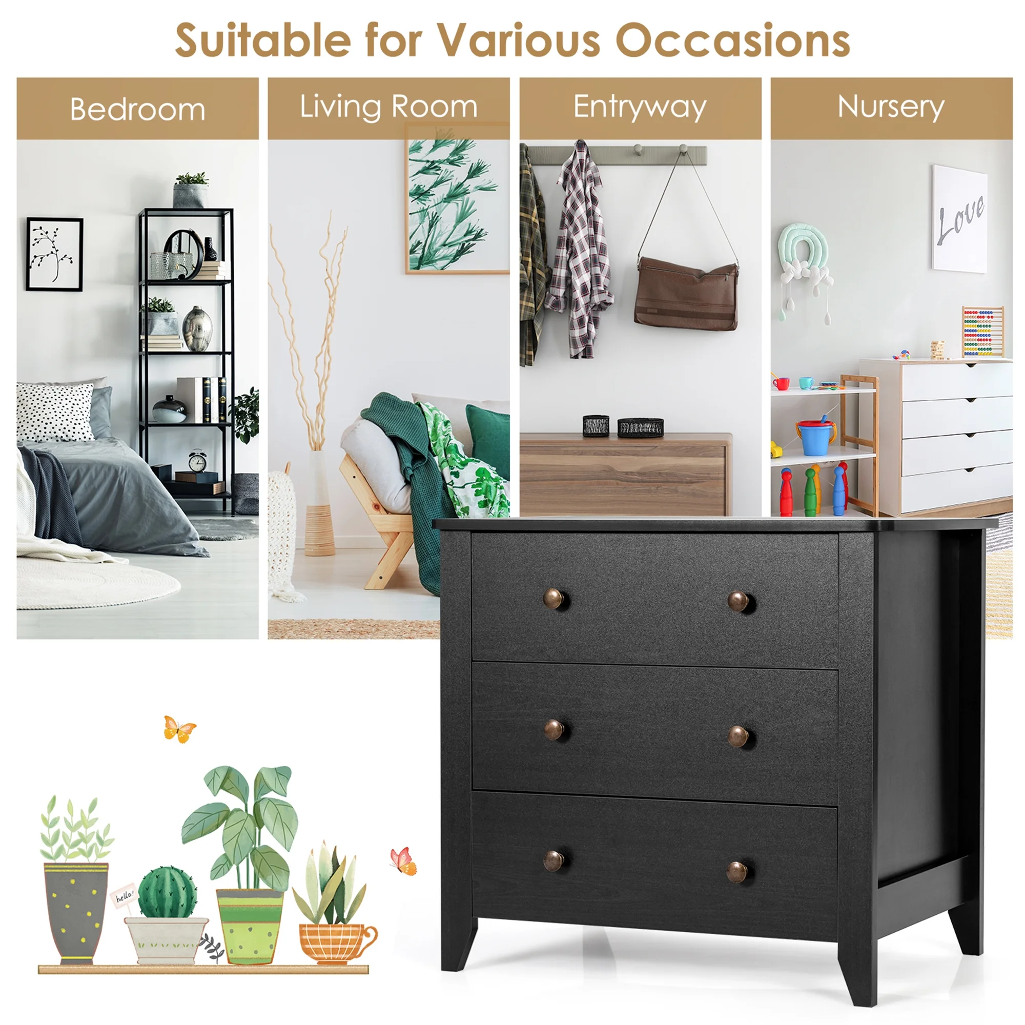 Gymax 3 Drawer Dresser Chest of Drawers Bedside Table for Living Room Bedroom Espresso - Image 17
