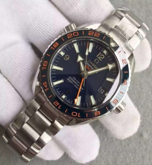 Replica Omega Planet Ocean GMT Goodplanet Blue Bezel Orange Marker Blue Dial SS Bracelet A8605 - Elite Watch Atelier