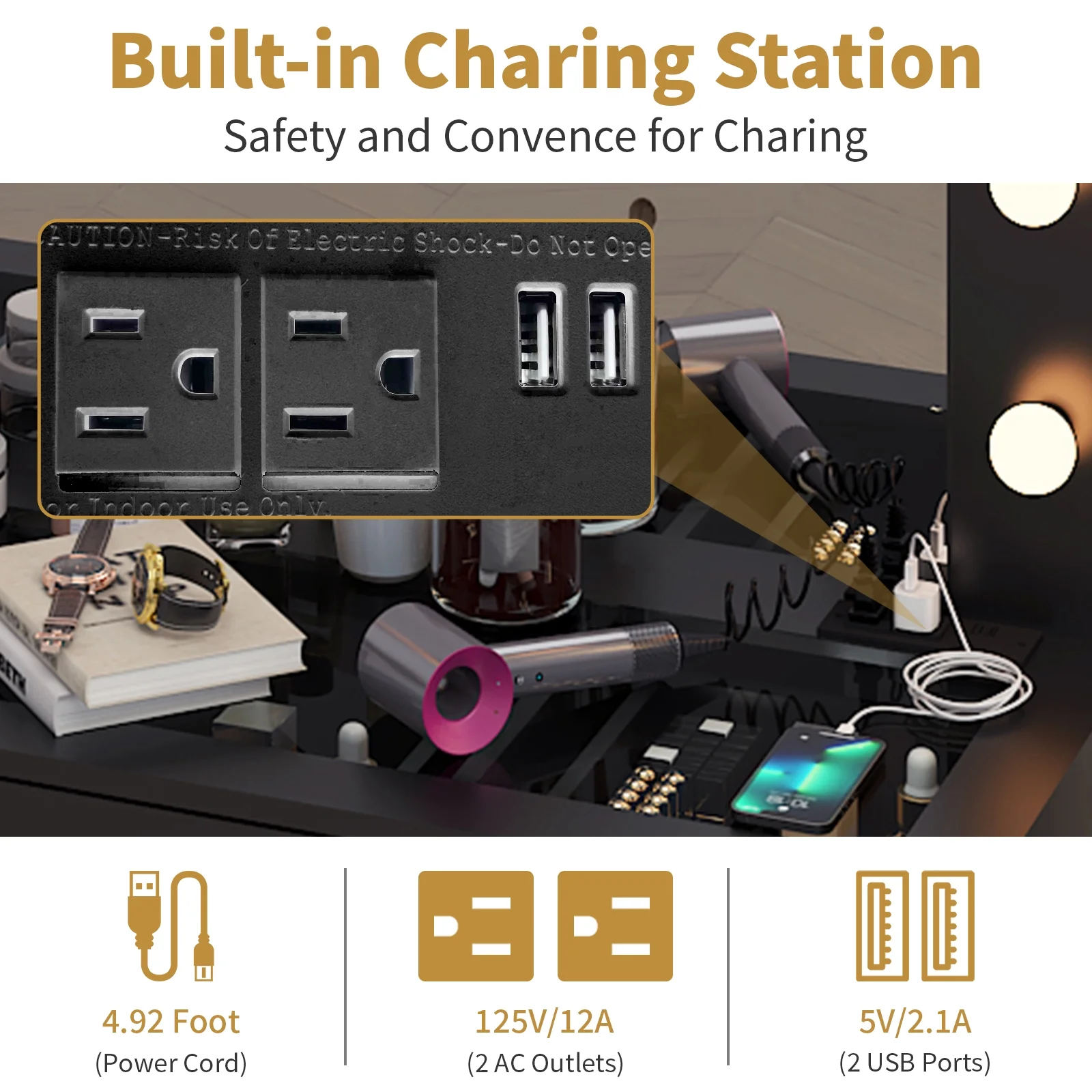 Ktaxon Large Makeup Vanity, Vanity Table Set w/ Visible Glass Top w/ Charging Station, White - Image 62