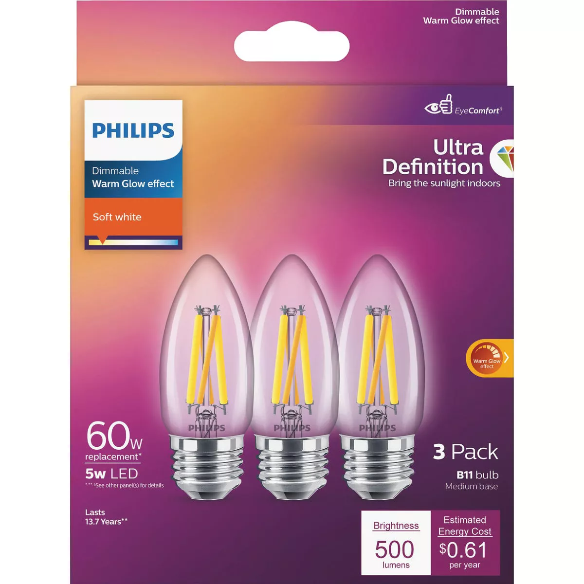 Philips Ultra Definition 60W Equivalent Soft White B11 Medium LED Decorative Light Bulb (3-Pack)